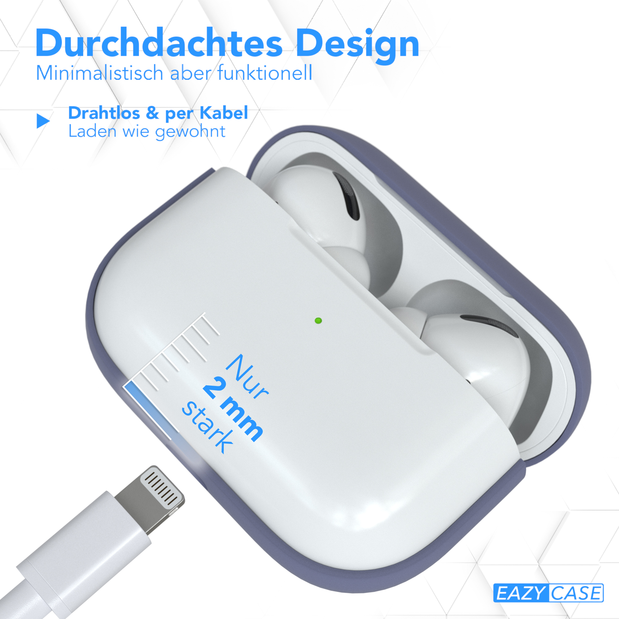 AirPods-Etui mit Lightning-Kabel, Design. Weiße AirPods in einem offenen Etui.