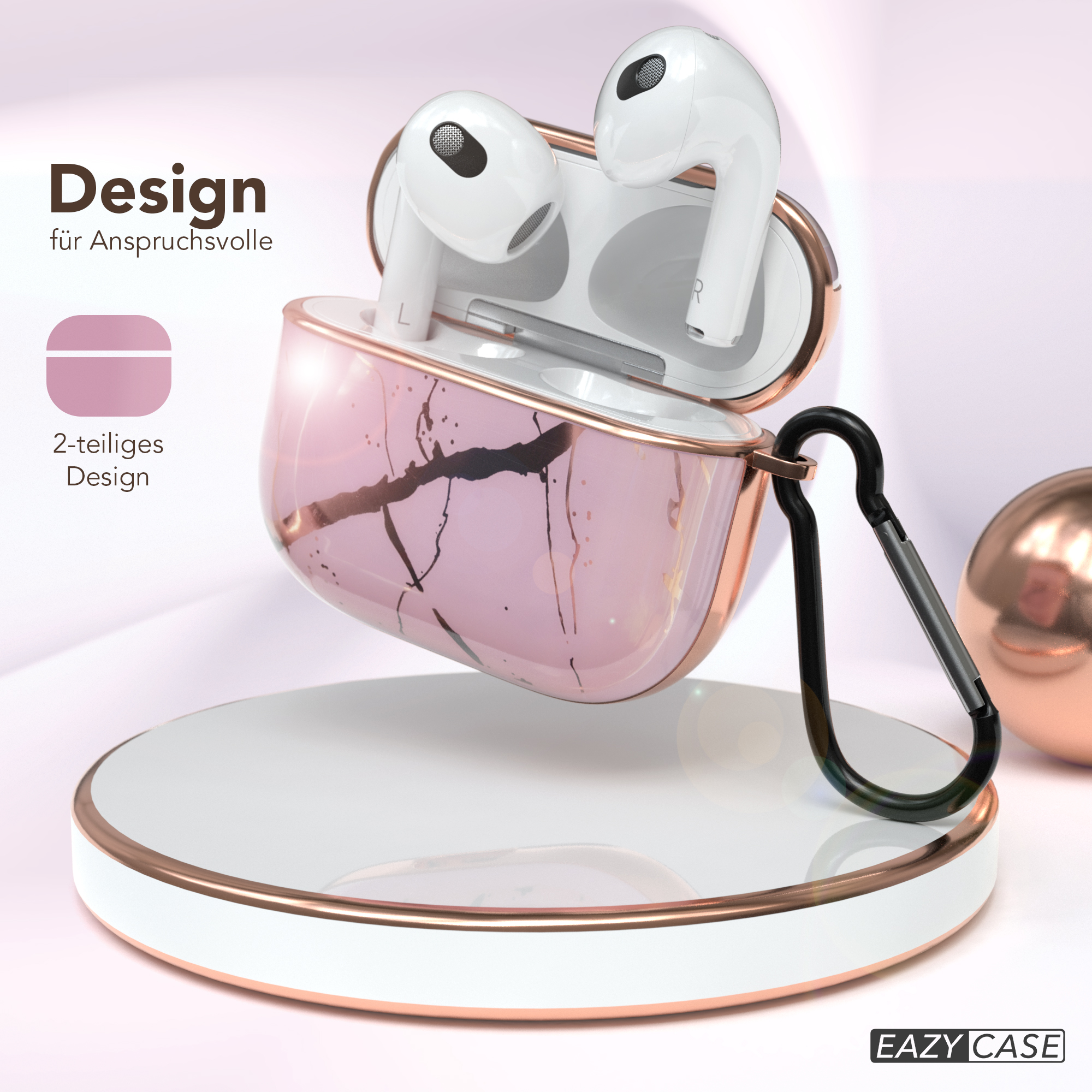 Ohrhörer in rosa Marmor-Case, mit roségoldener Ladestation und schwarzem Karabiner.