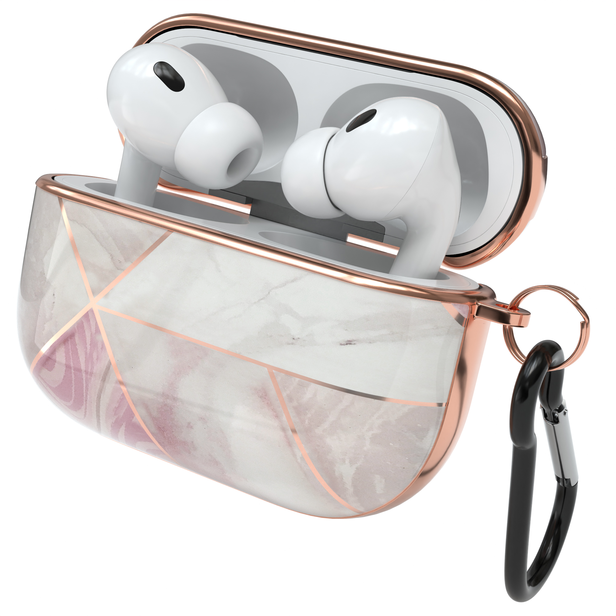 Weiße Ohrhörer in einem Etui mit Karabiner. Weißer Hintergrund.