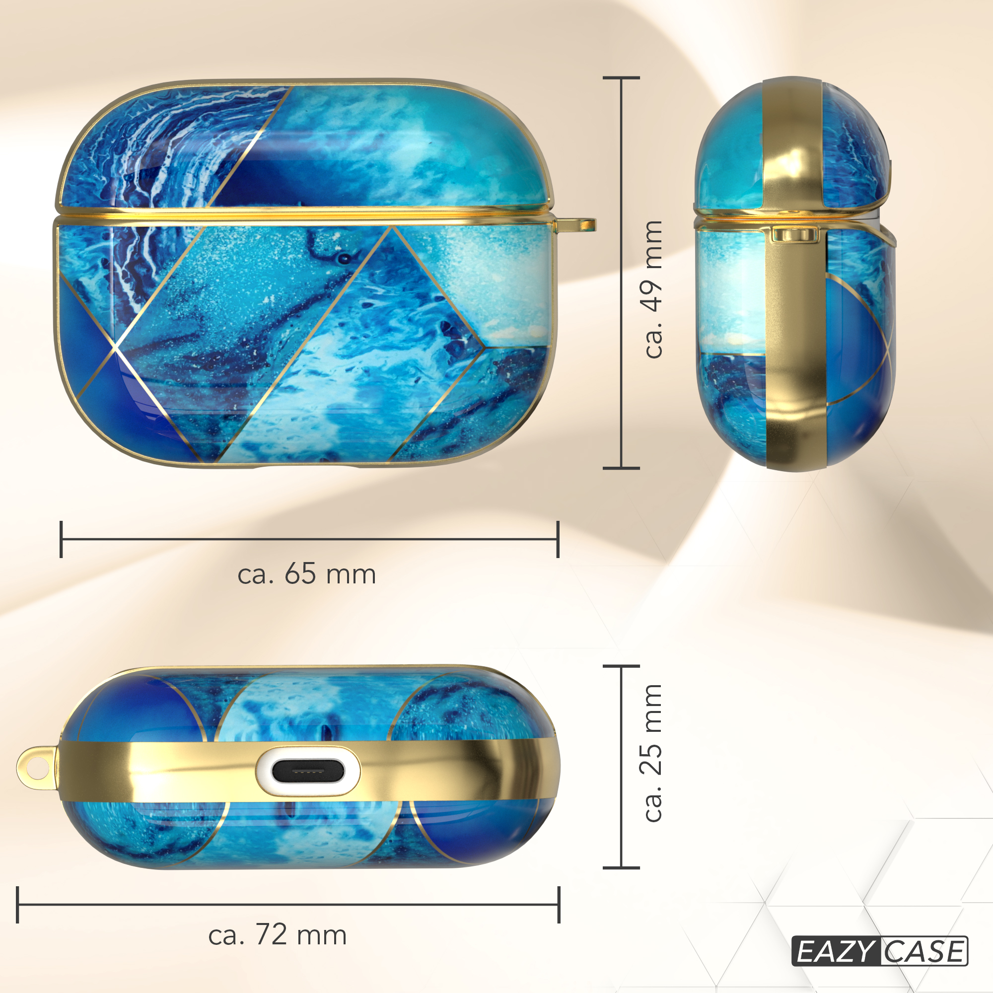 Blau-gold gemusterte AirPods-Hülle mit Größenangaben.