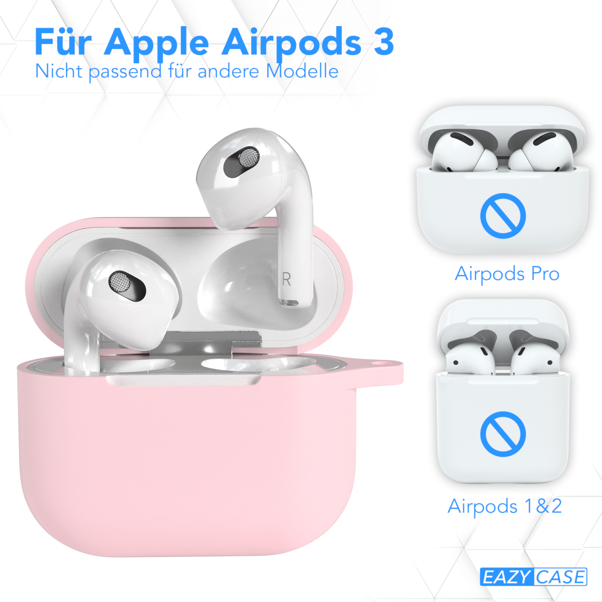 Rosa Hülle für Airpods 3, Vergleich zu Airpods Pro und 1&2 Modellen.
