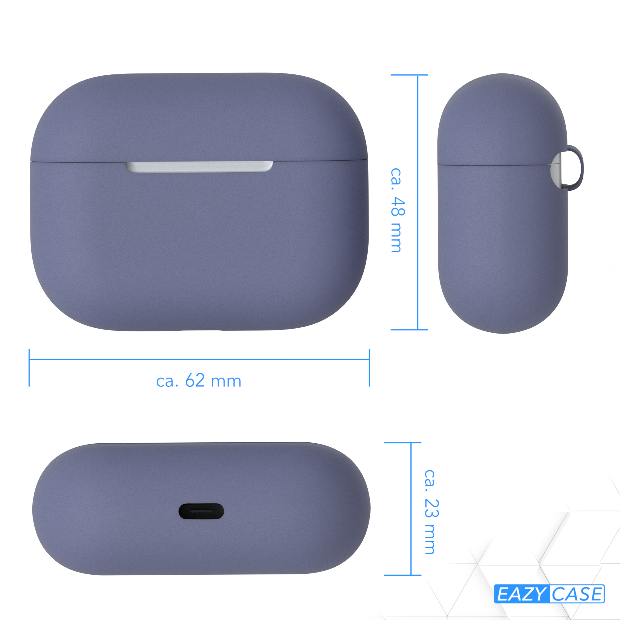 Blaue AirPods-Hülle mit drei Ansichten.