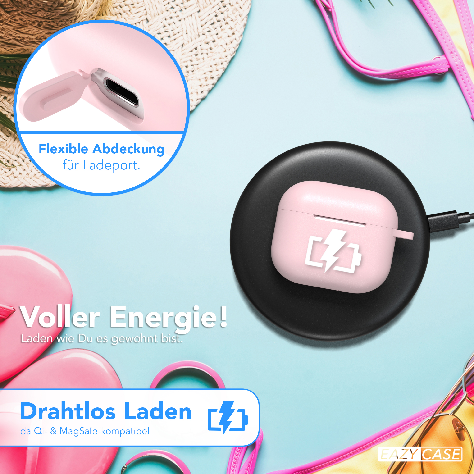 Rosa Airpods-Hülle, die drahtlos auf einer schwarzen Oberfläche geladen wird.