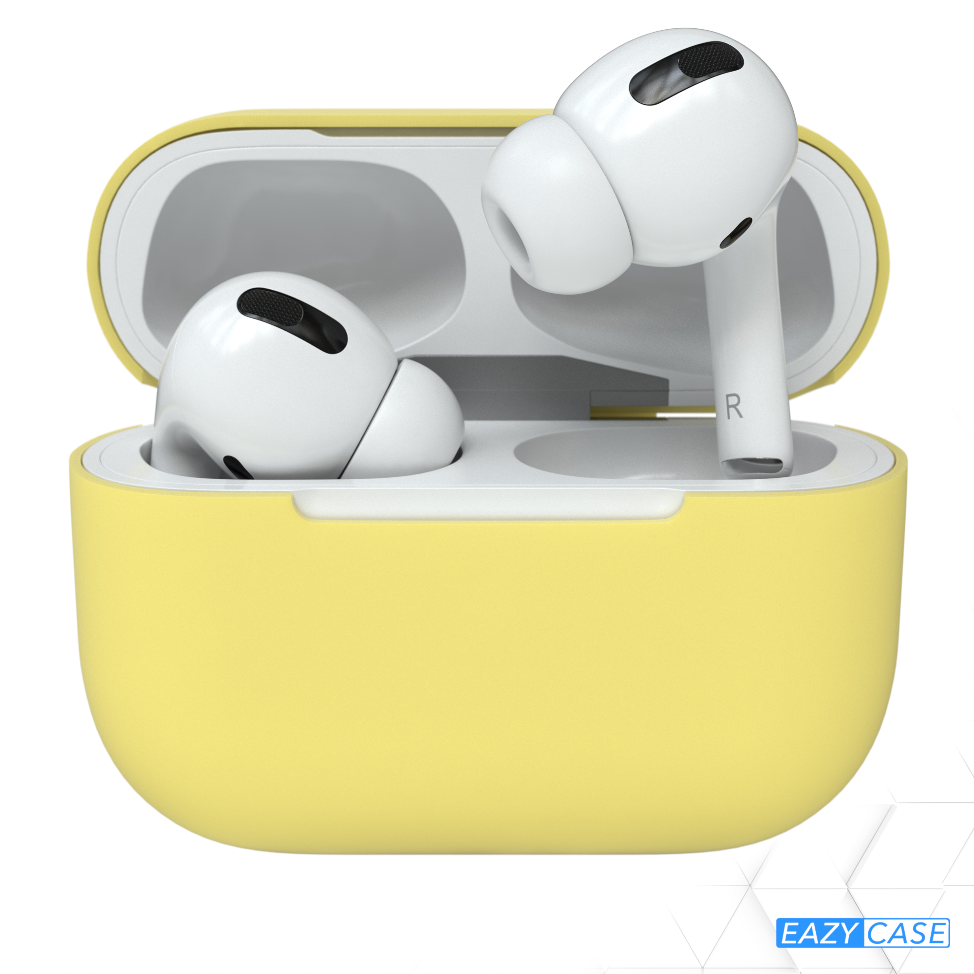 Gelbes AirPods Pro-Etui mit zwei weißen AirPods darin, vor weißem Hintergrund.