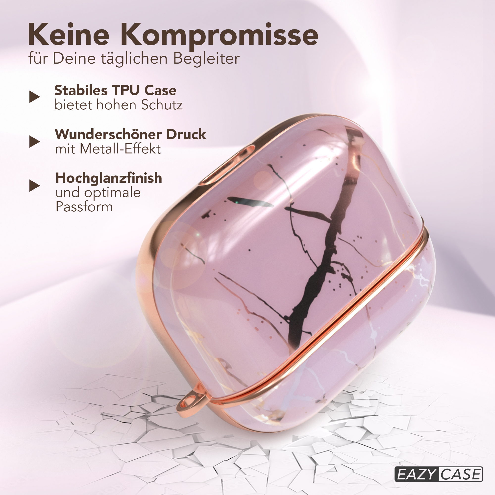 Eine rosa-goldene Handyhülle mit Text über Schutz und Hochglanz-Finish.