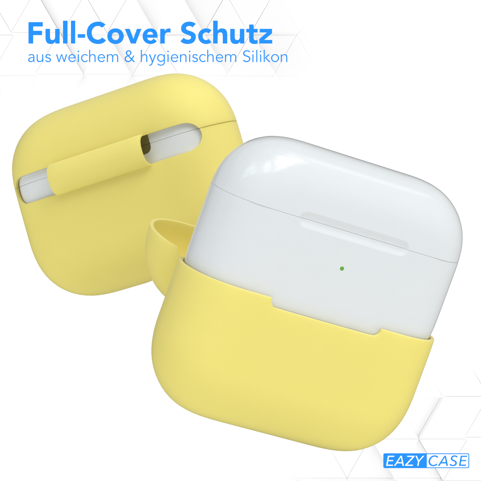 Gelbe Schutzhülle für AirPods, zeigt zwei Teile. Text auf Deutsch.