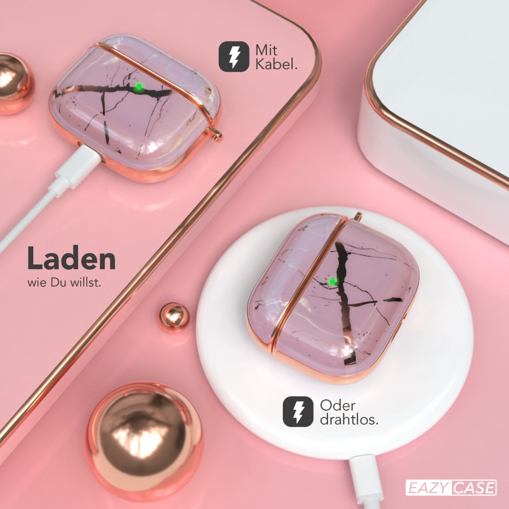 Rosa Ladecase mit kabellosem Ladepad und Kabel, goldene Akzente.