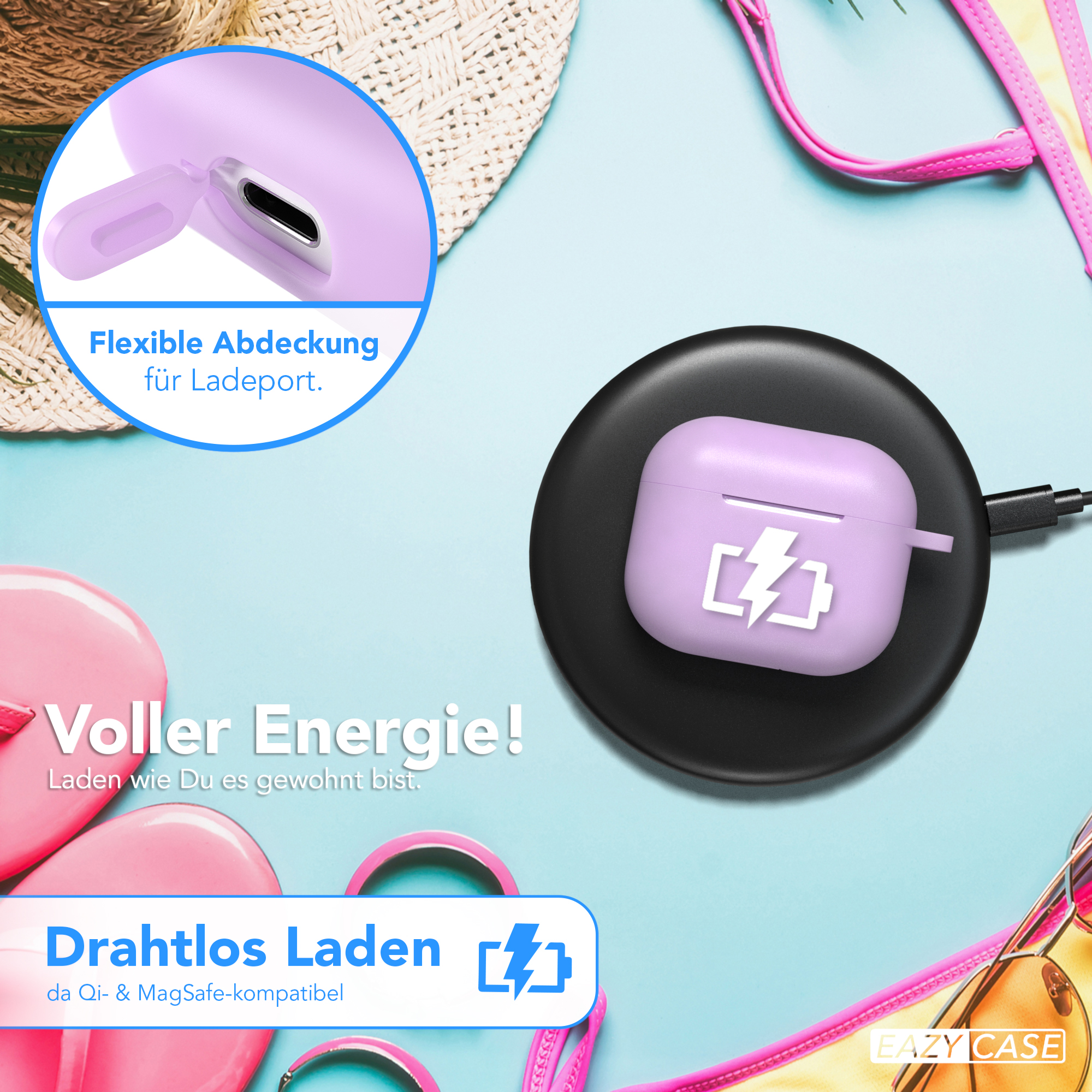 Ohrhörer-Hülle auf kabellosem Ladegerät neben Bikini. Text: 'Kabelloses Laden' und 'Volle Energie'.