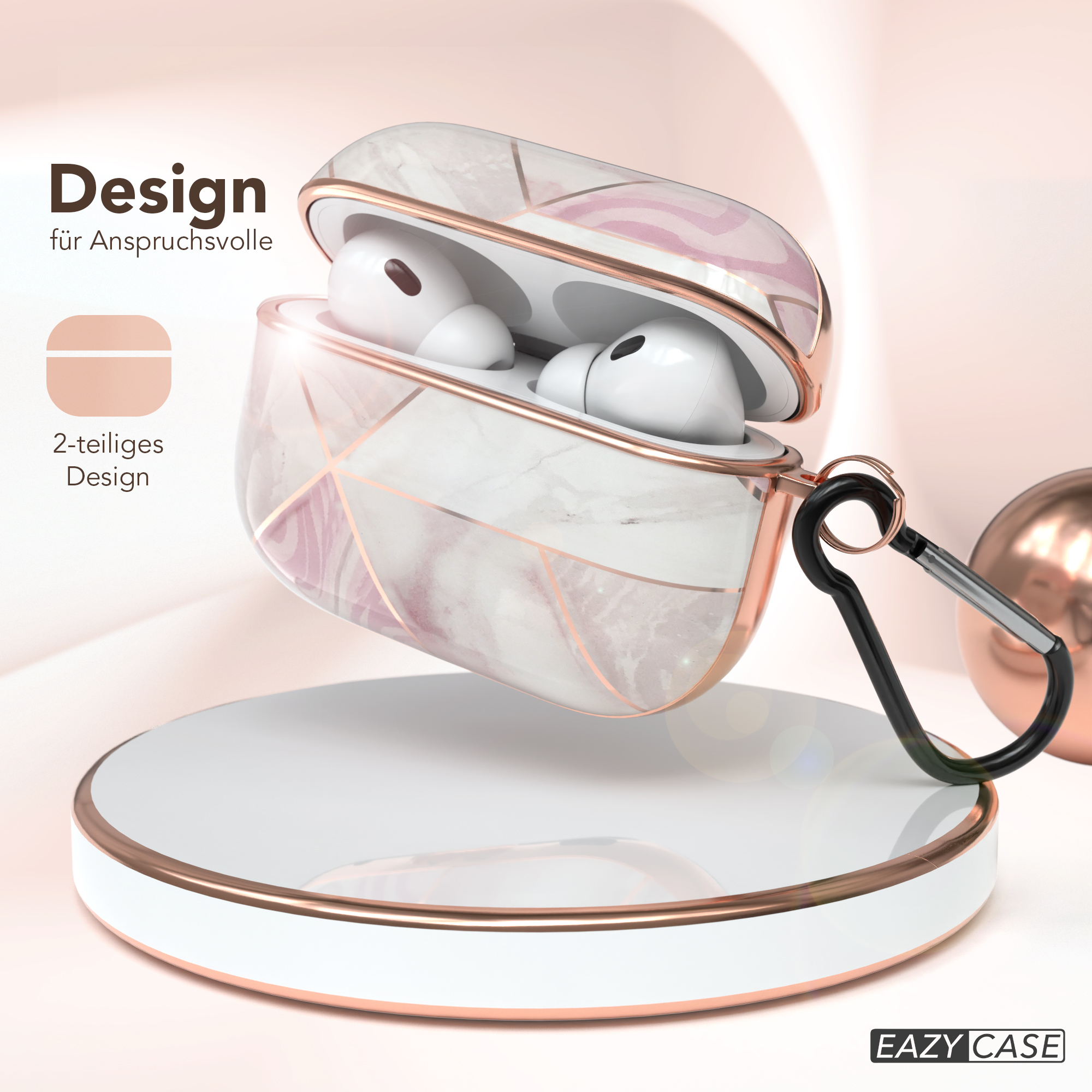Kopfhörerhülle, weißes und rosa Marmordesign, mit goldener Zierleiste, auf weißem Ständer mit Goldring.