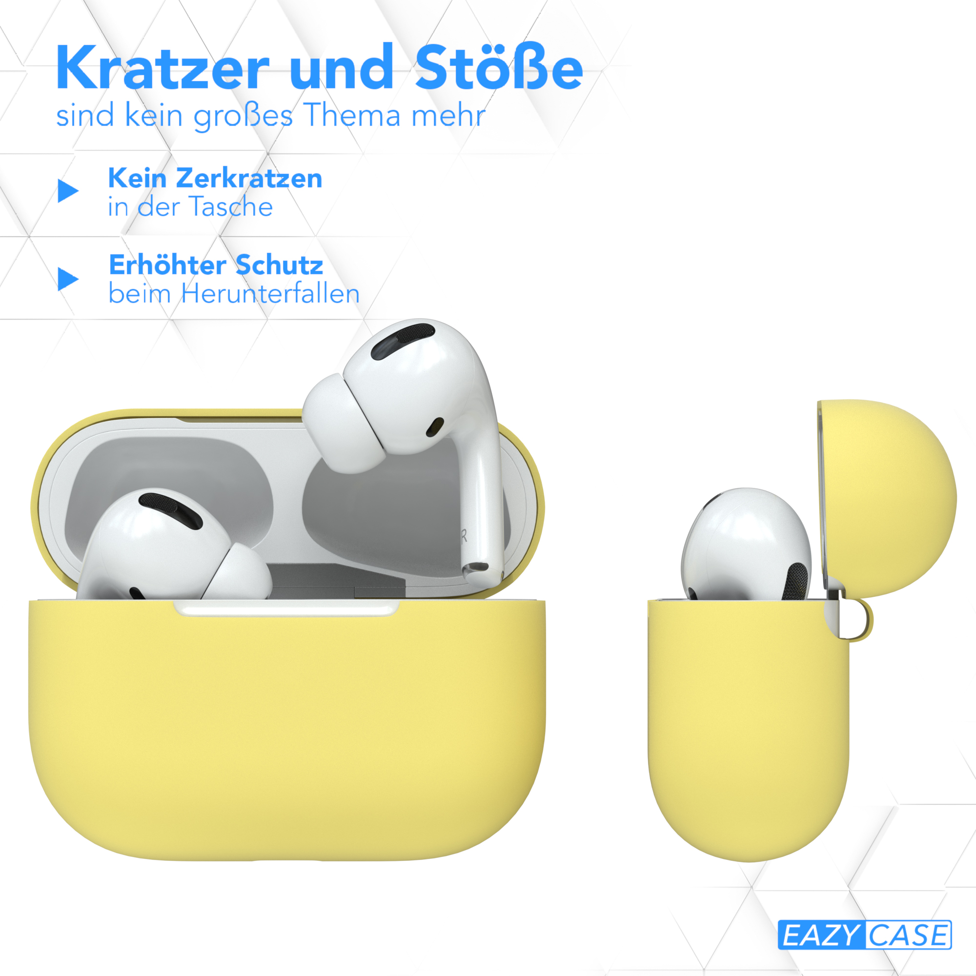 Gelbes AirPods-Case und AirPods. Text: Kratzer und Stöße sind kein großes Thema mehr.