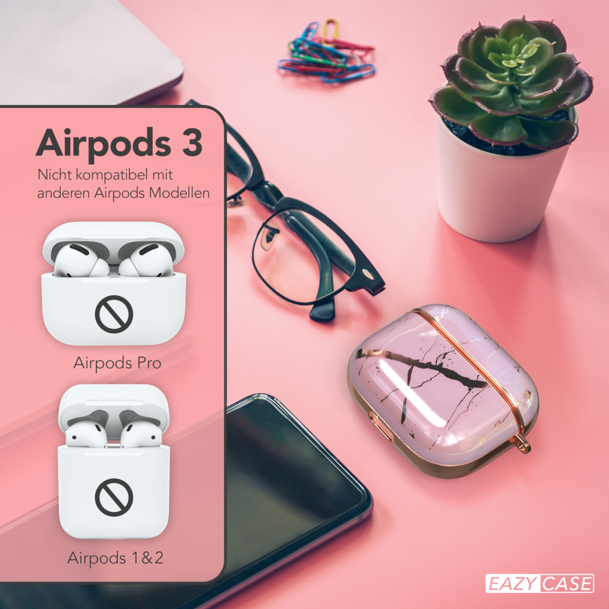 Bild zeigt AirPods 3 mit Hülle, Brille, Sukkulente und Büroklammern. Rosa Hintergrund.