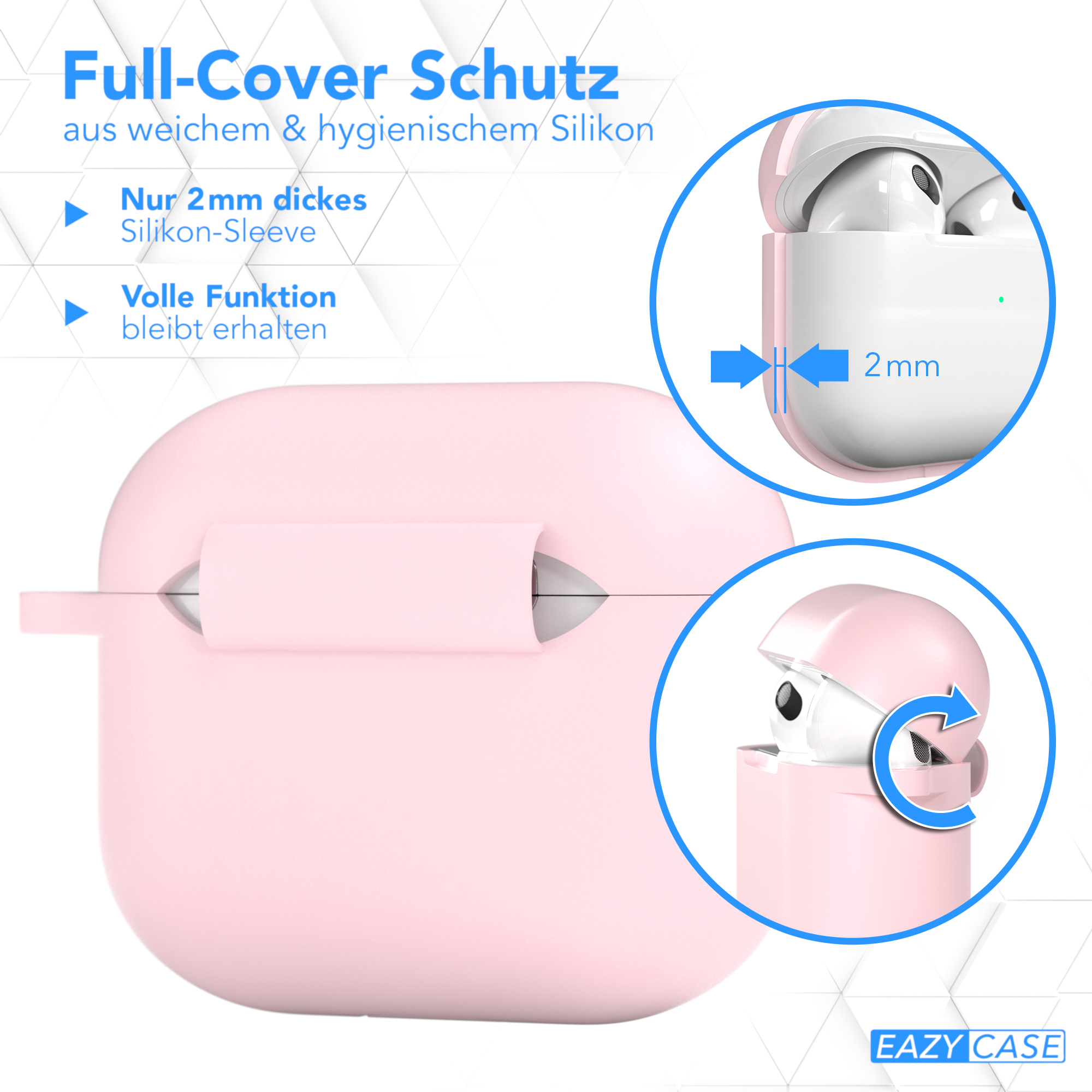 Rosa AirPods-Hülle offen und geschlossen, mit weißen AirPods. Die Hülle ist 2mm dick.