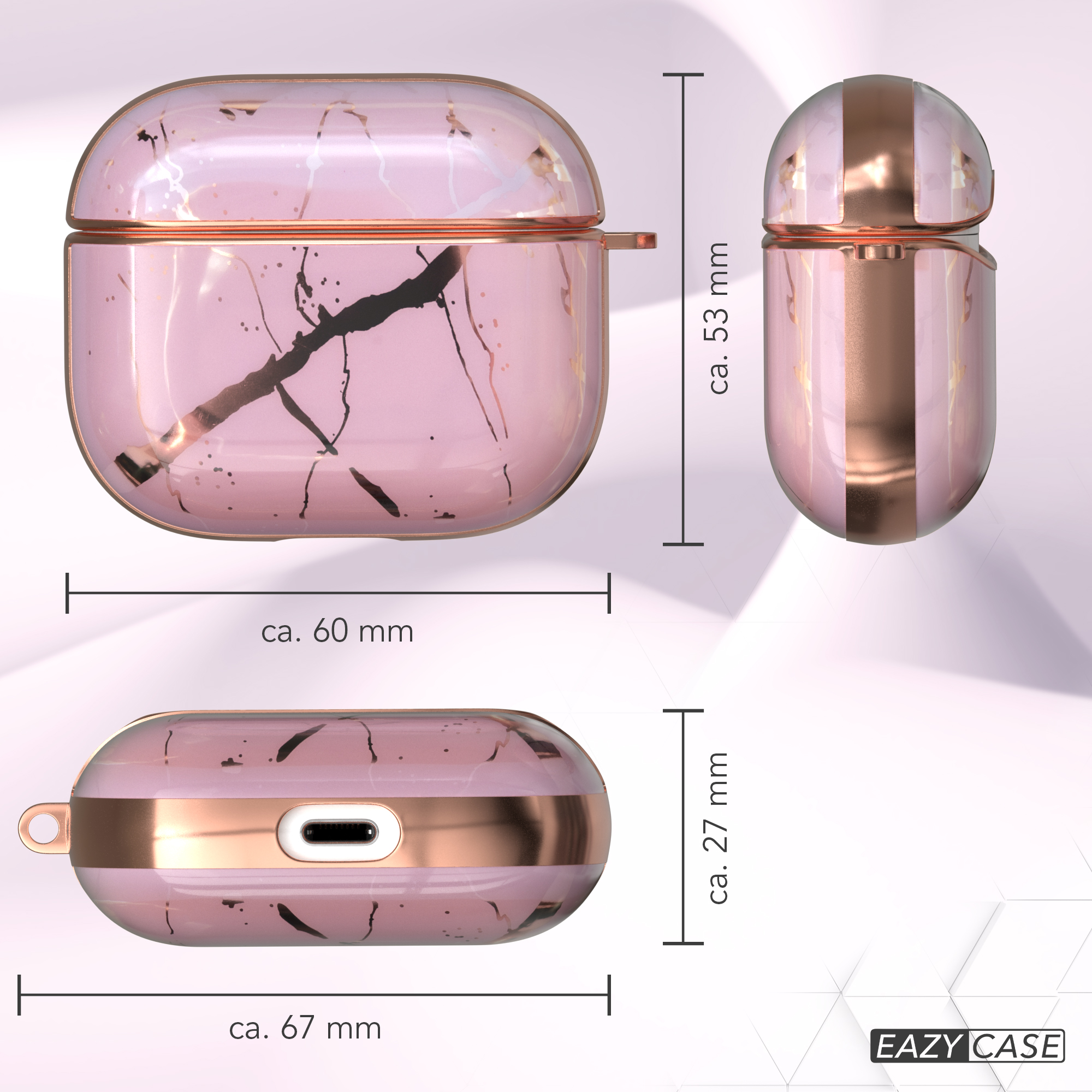 Rosa marmoriertes AirPods-Etui mit goldenen Akzenten, Abmessungen: 60mm, 67mm, 53mm und 27mm.
