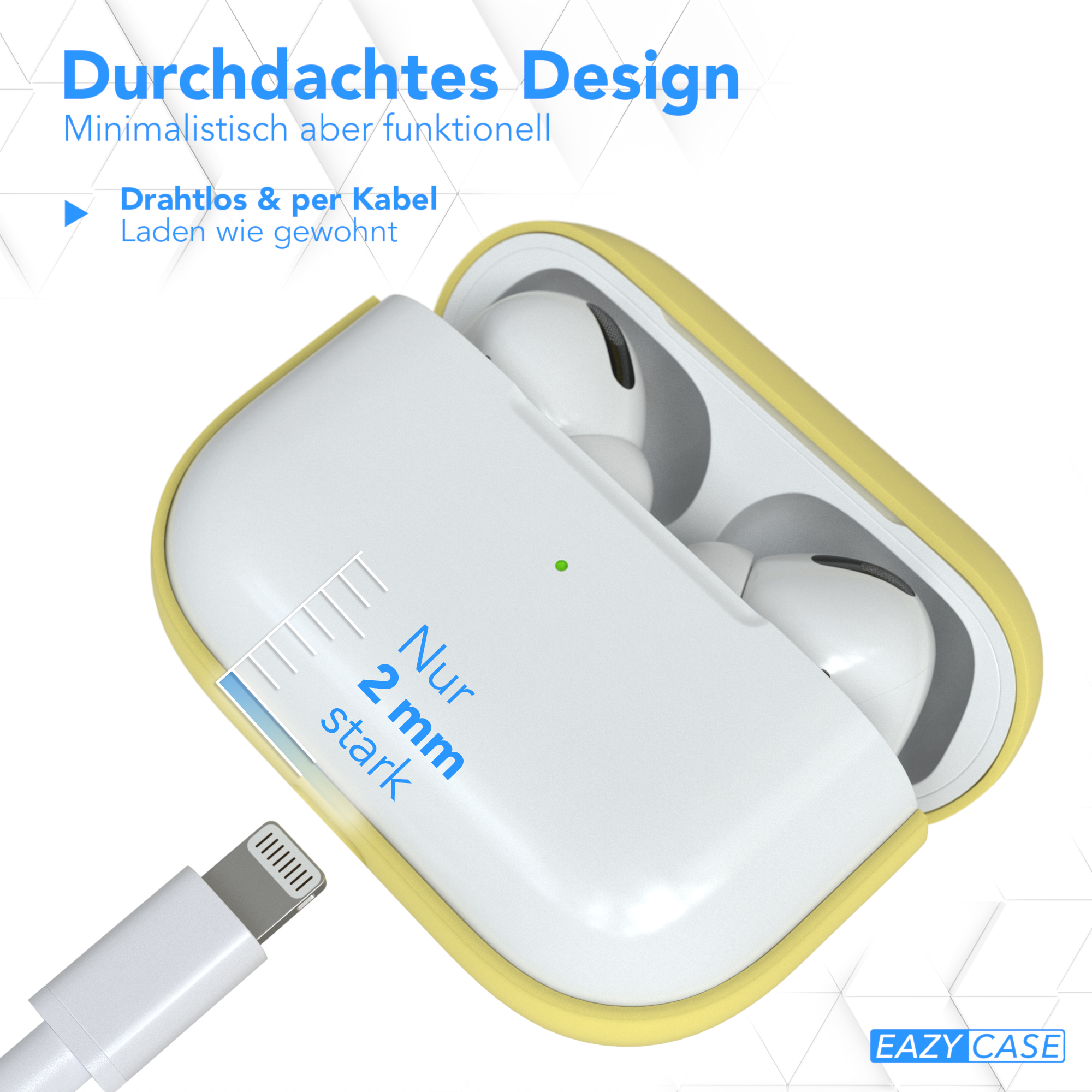 Weiße Ohrhörer in einem gelben Etui mit Ladekabel. Text: 2 mm, EAZY CASE.
