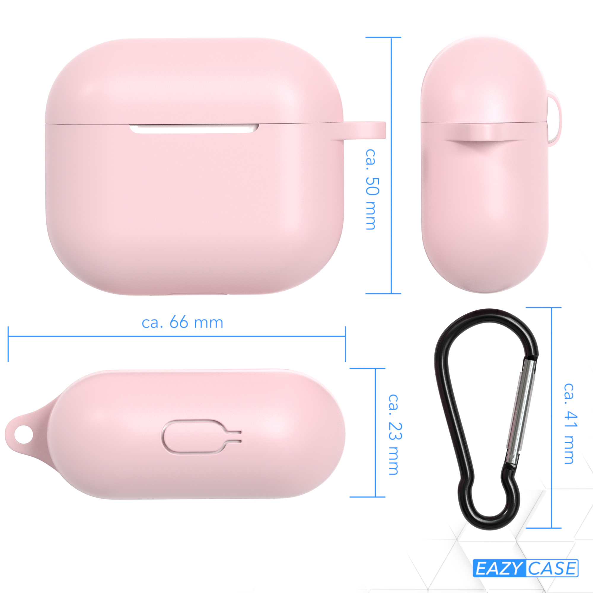 Ein rosa Kopfhörer-Etui mit Maßen und Karabiner. Seiten-, Ober- und Unteransicht.