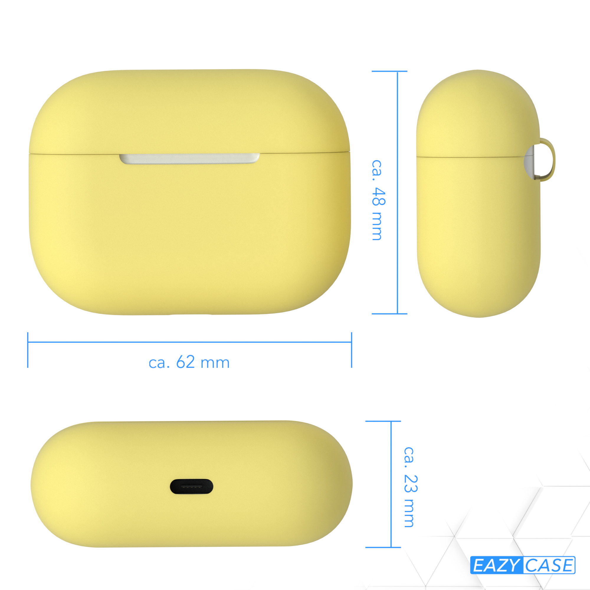 Gelbes AirPods-Case mit Abmessungen und Text 'EAZY CASE'.