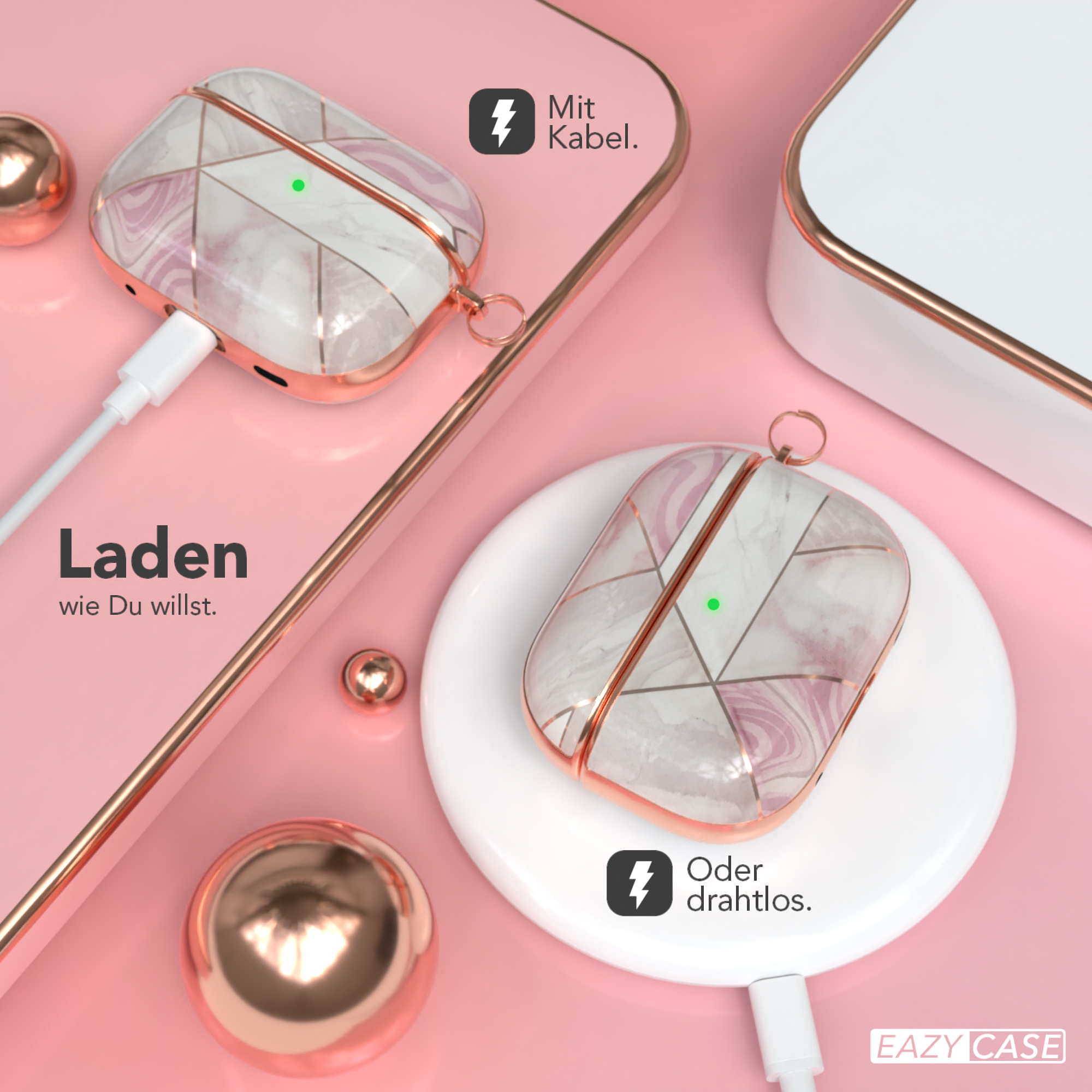 AirPods-Hülle mit Lademöglichkeiten, kabellos und kabelgebunden.