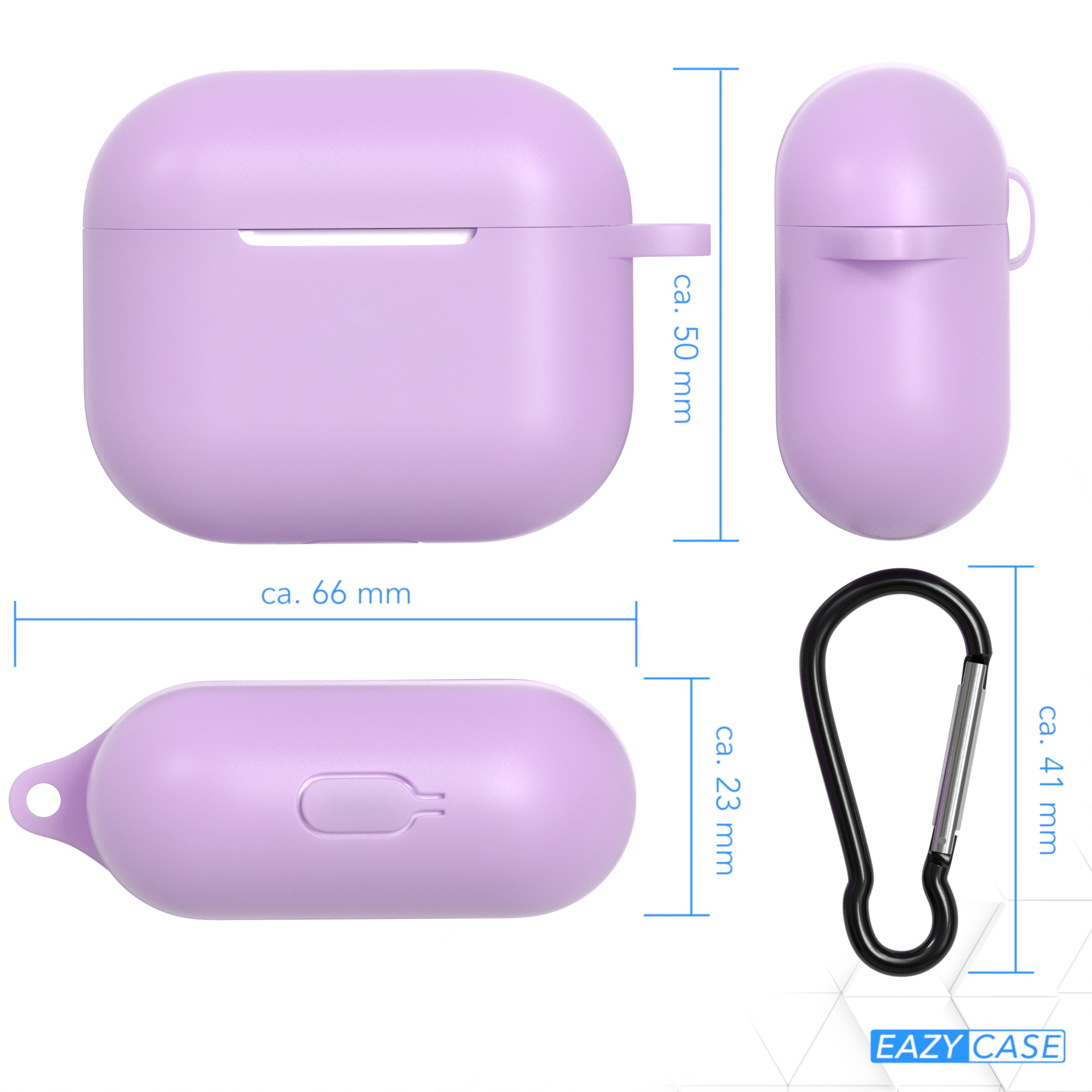 Lila AirPods-Case und Karabiner. Abmessungen sind angegeben. Das Case ist in verschiedenen Ansichten.