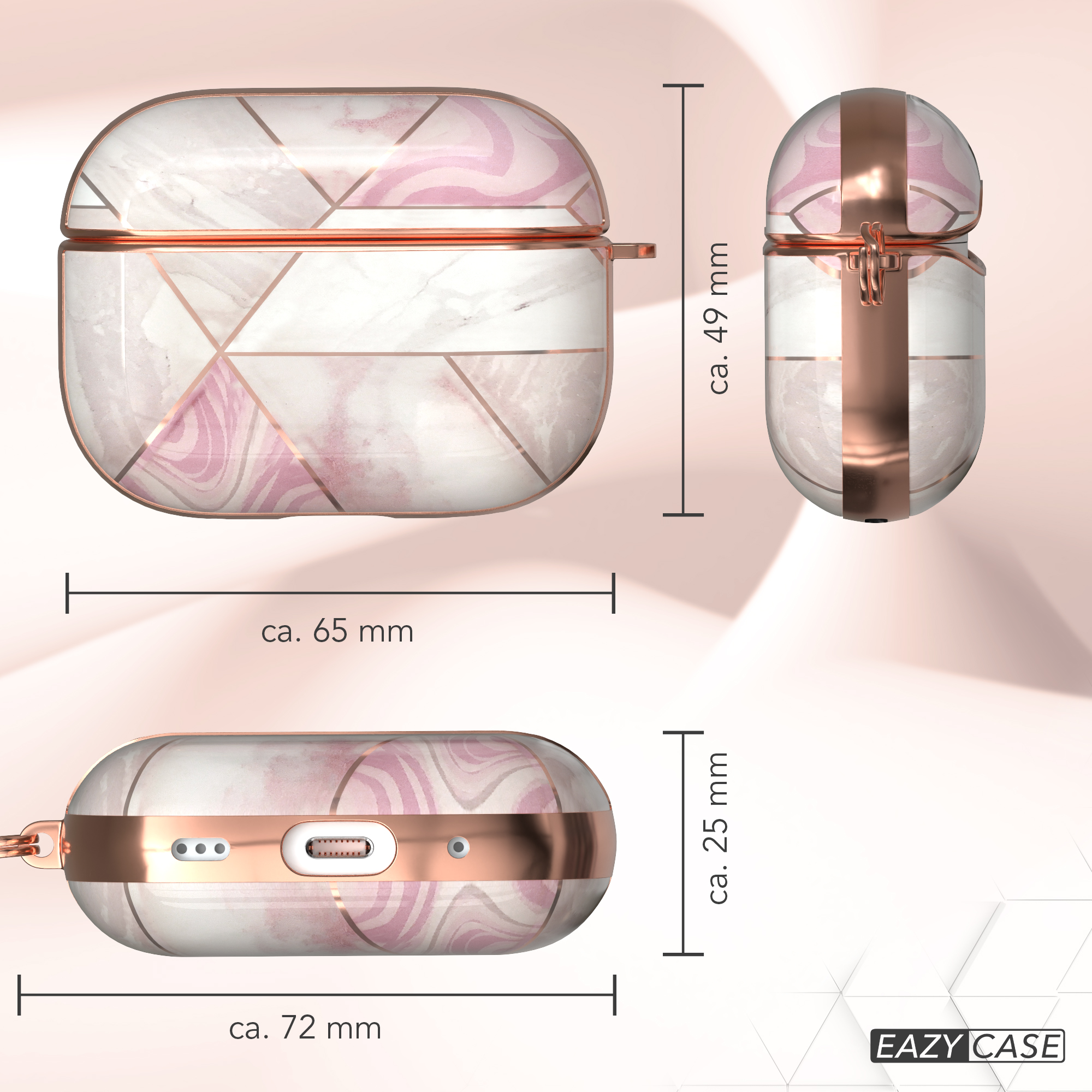 AirPods-Hülle mit rosa Marmor-Design. 3D-Ansicht mit Maßangaben für die Größe.