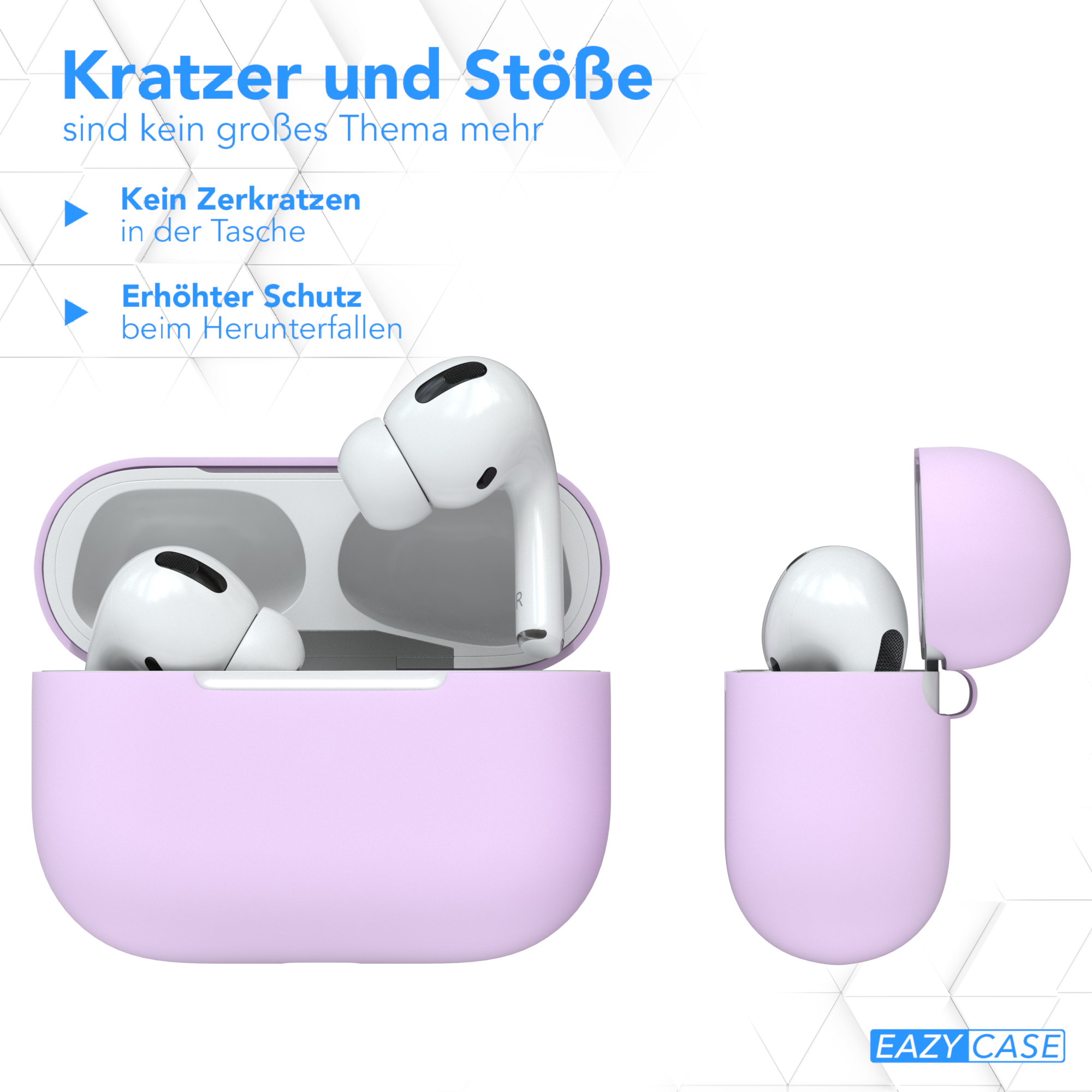 Ohrhörer in helllila Hülle, offen und geschlossen. Weißer Hintergrund.