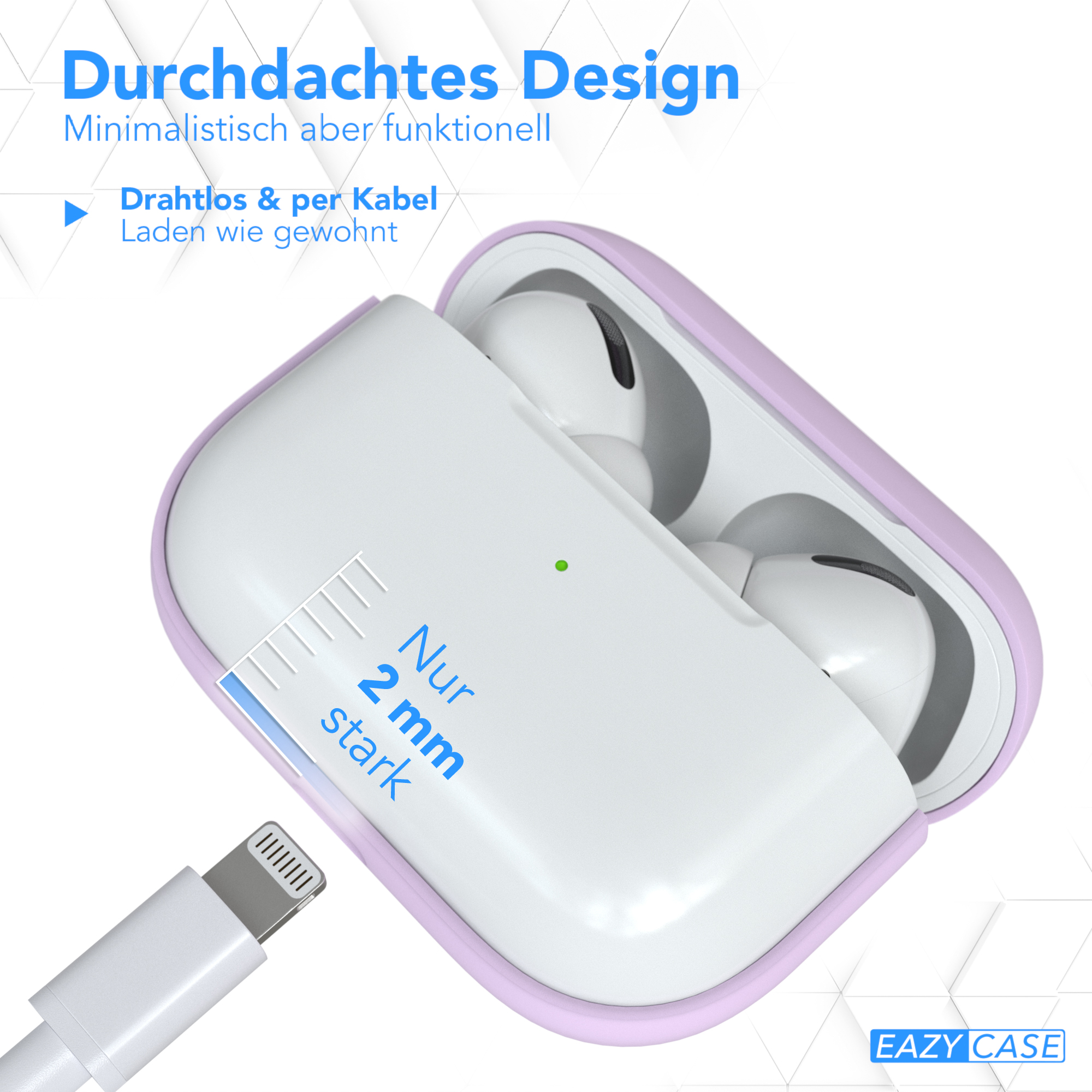 Weißes AirPods-Etui in einem lila Etui mit einem Ladekabel.