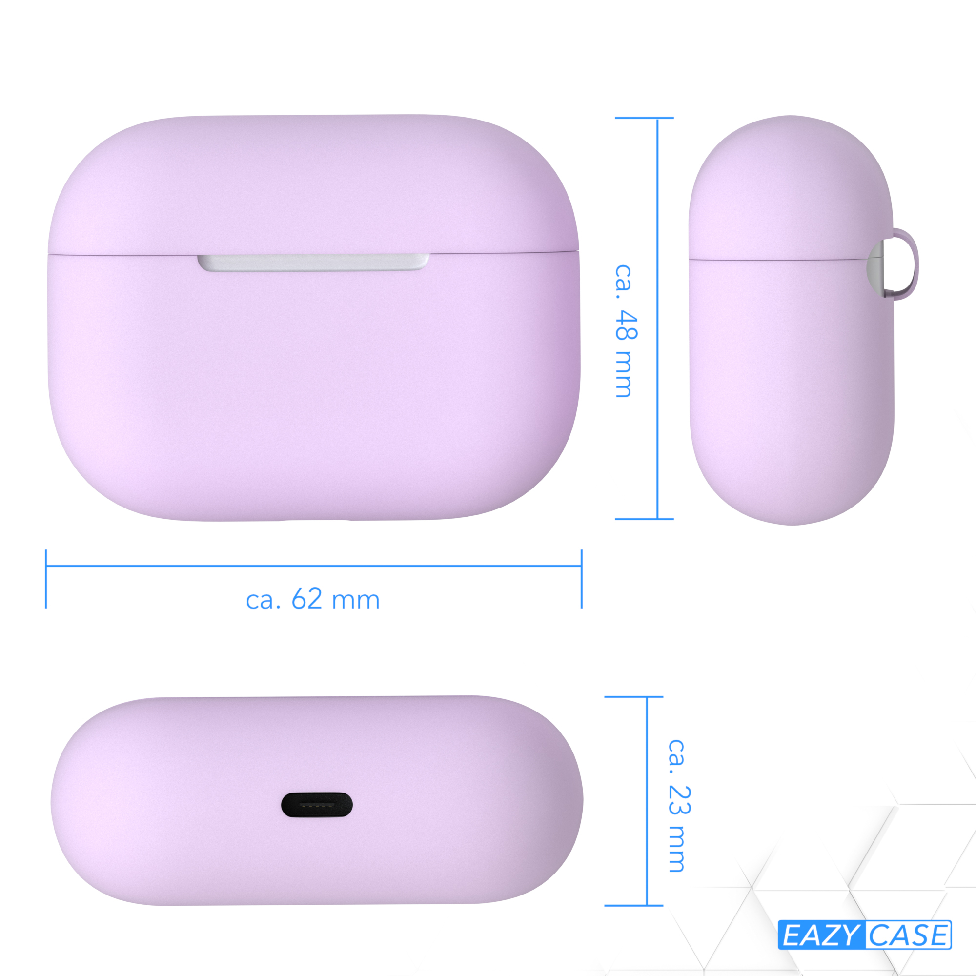 Lila AirPods-Hülle mit Abmessungen in mm. Weißer Hintergrund.