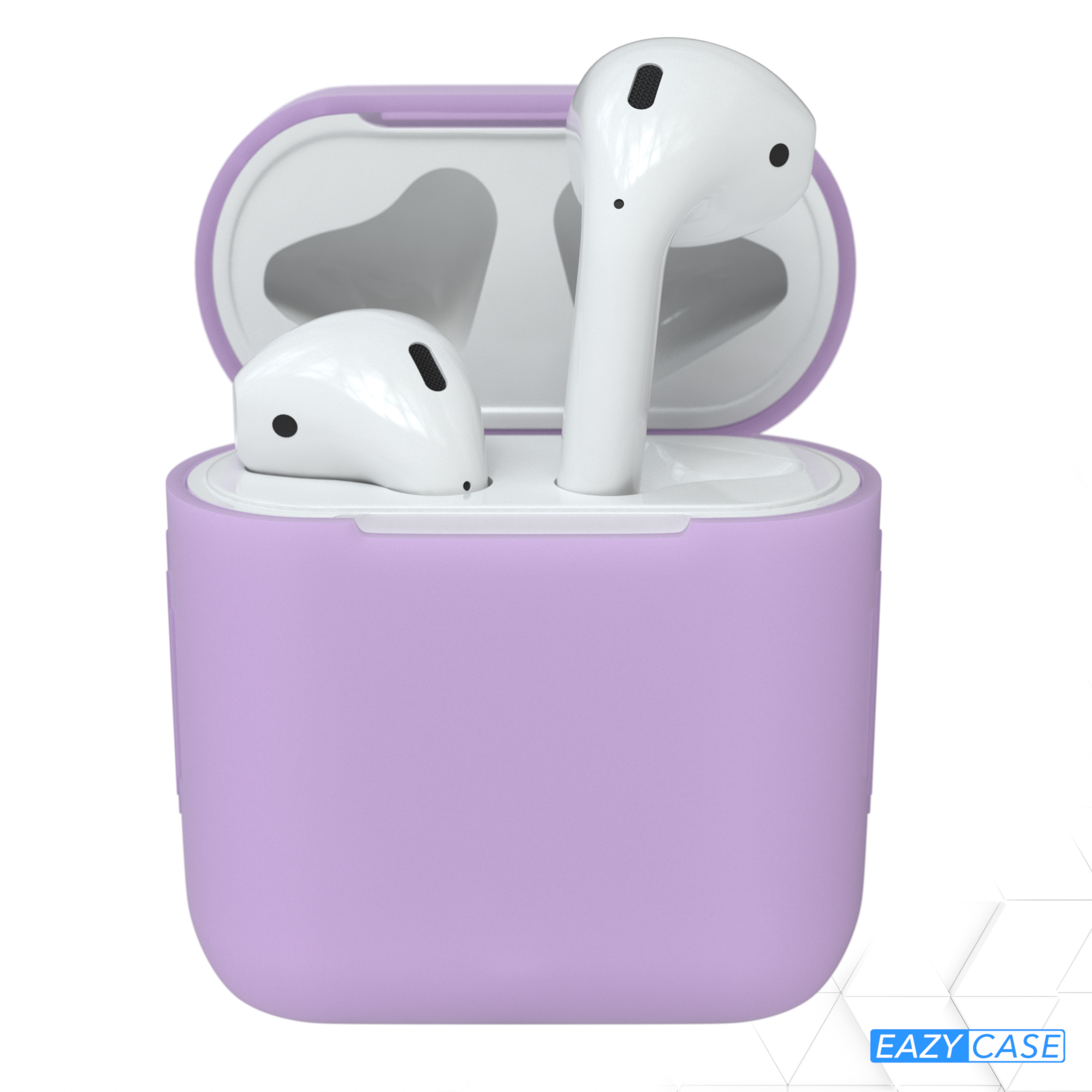 Weiße AirPods in lila Hülle, offen, auf weißem Hintergrund.