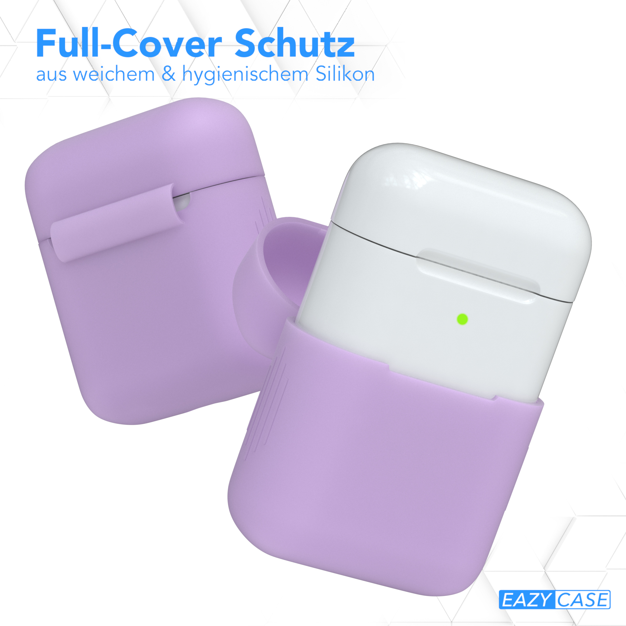 Ein lila AirPods-Etui auf weißem Hintergrund. Das Etui ist geöffnet und zeigt die AirPods.