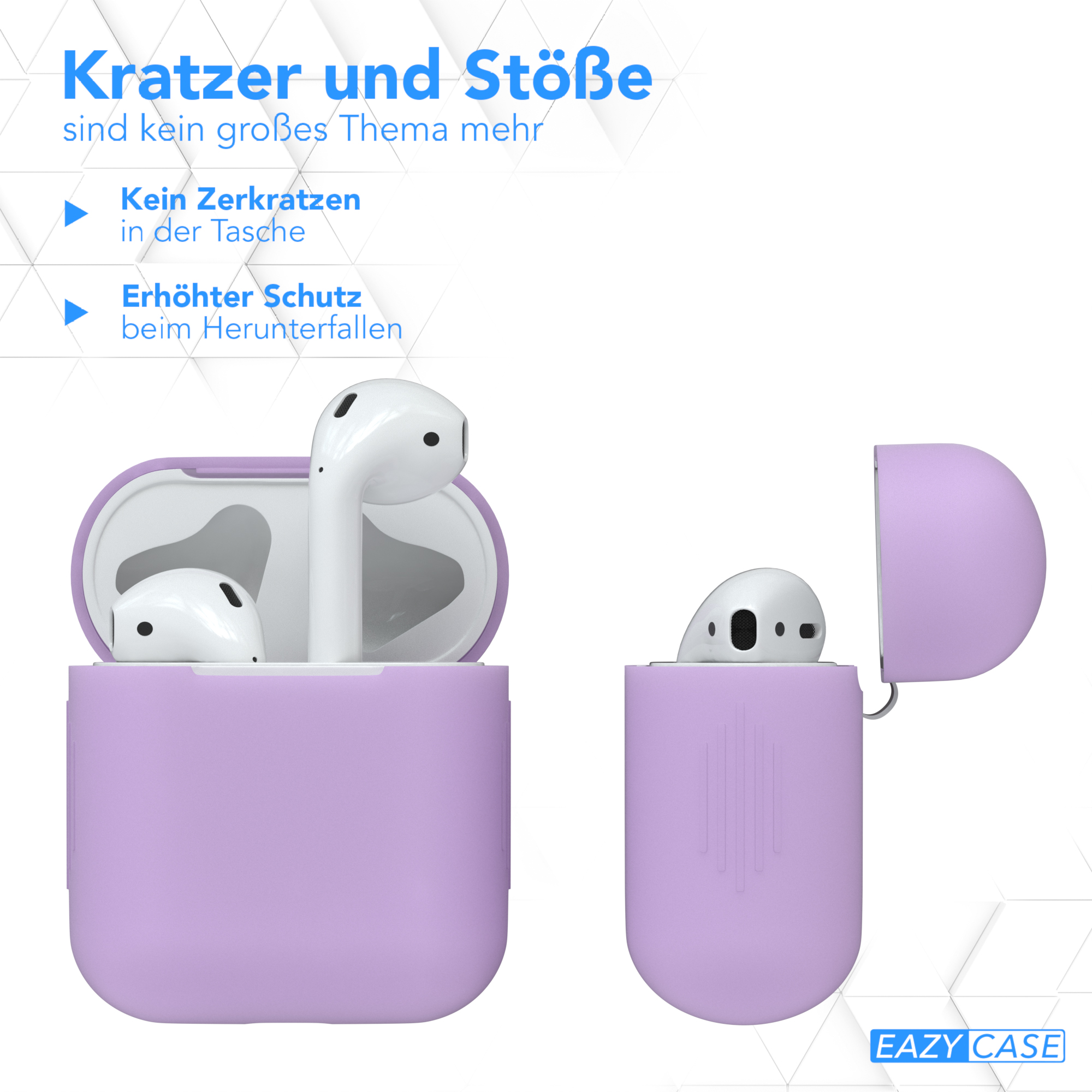 Lilafarbenes AirPods-Case und AirPods. Text: Kratzer und Stöße sind kein großes Thema mehr.