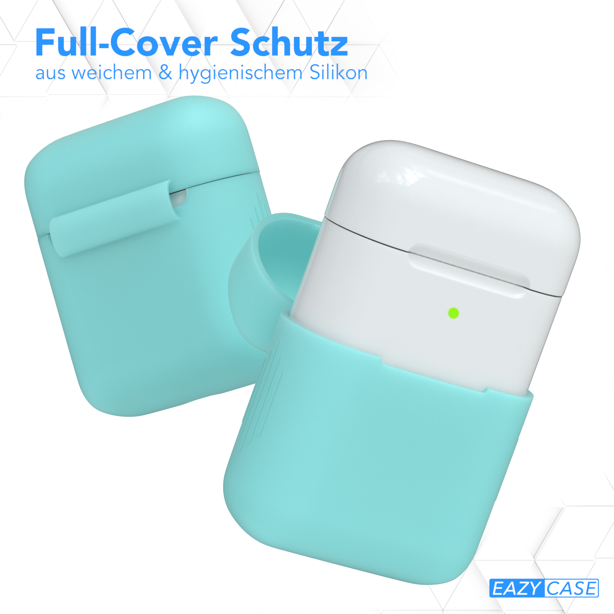 Zwei blaue Hüllen für AirPods, eine offen, eine geschlossen, auf weißem Hintergrund.