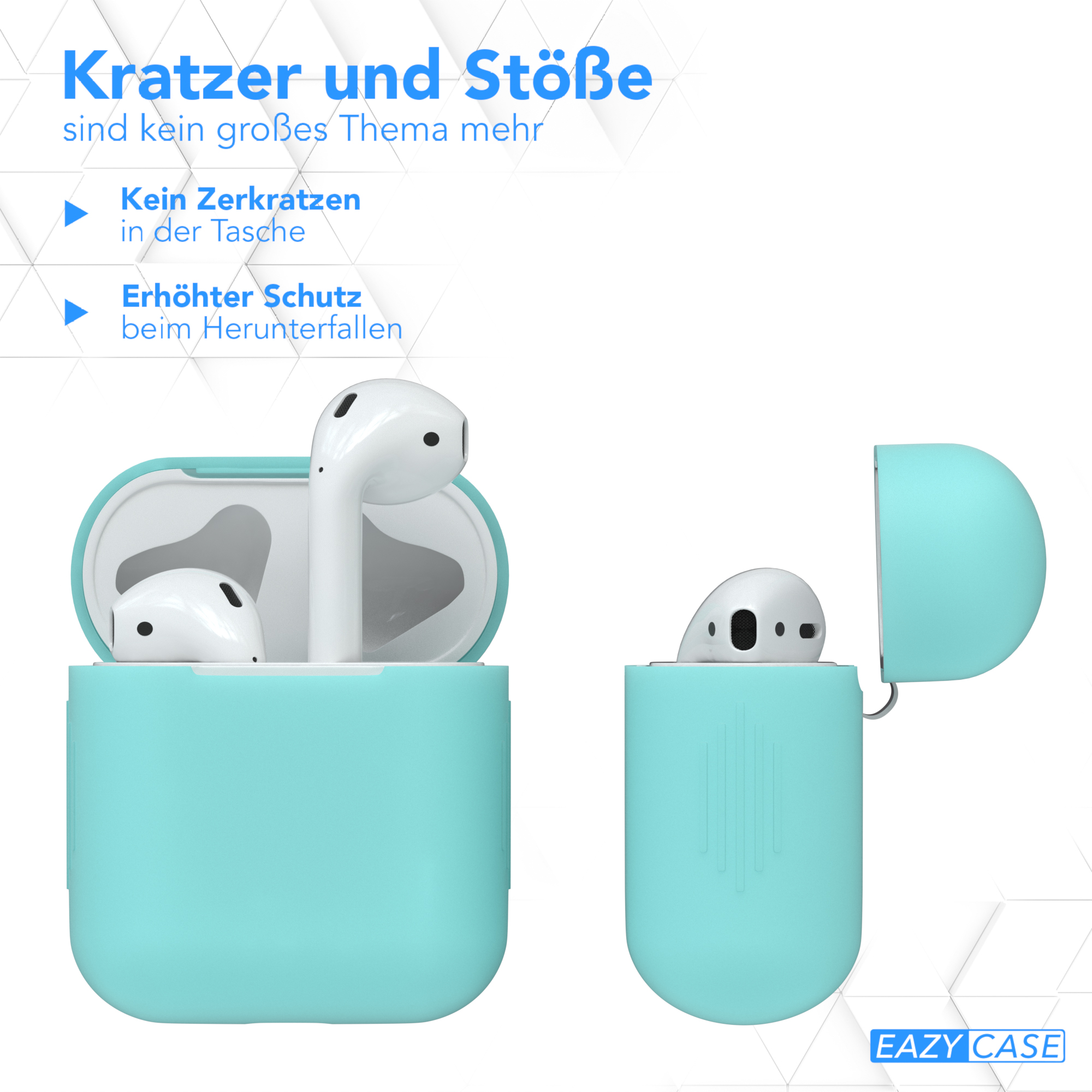 Zwei offene, türkisene AirPods-Hüllen mit weißen AirPods darin, auf weißem Hintergrund.