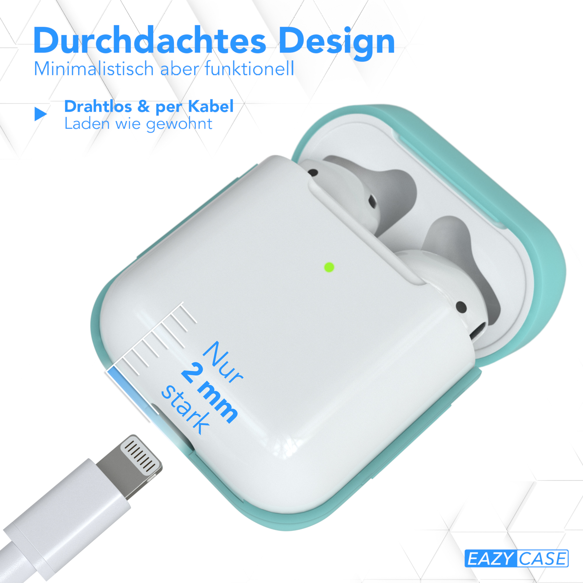 Geöffnete weiße Airpods-Hülle mit Ladekabel. Die Hülle ist hellblau.
