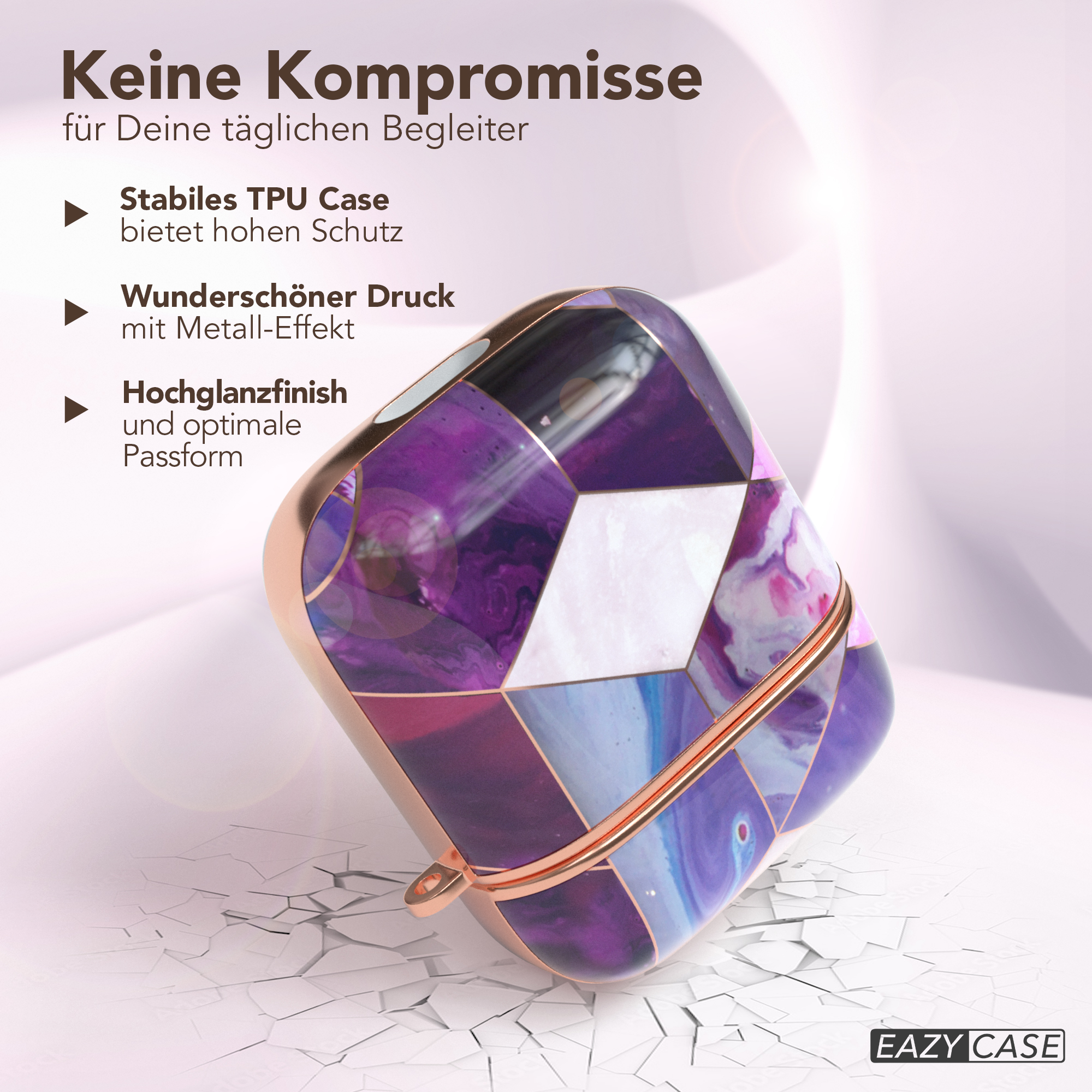 AirPods-Hülle mit farbenfrohem, geometrischem Design, Roségold-Akzenten und 'EAZY CASE'-Logo.