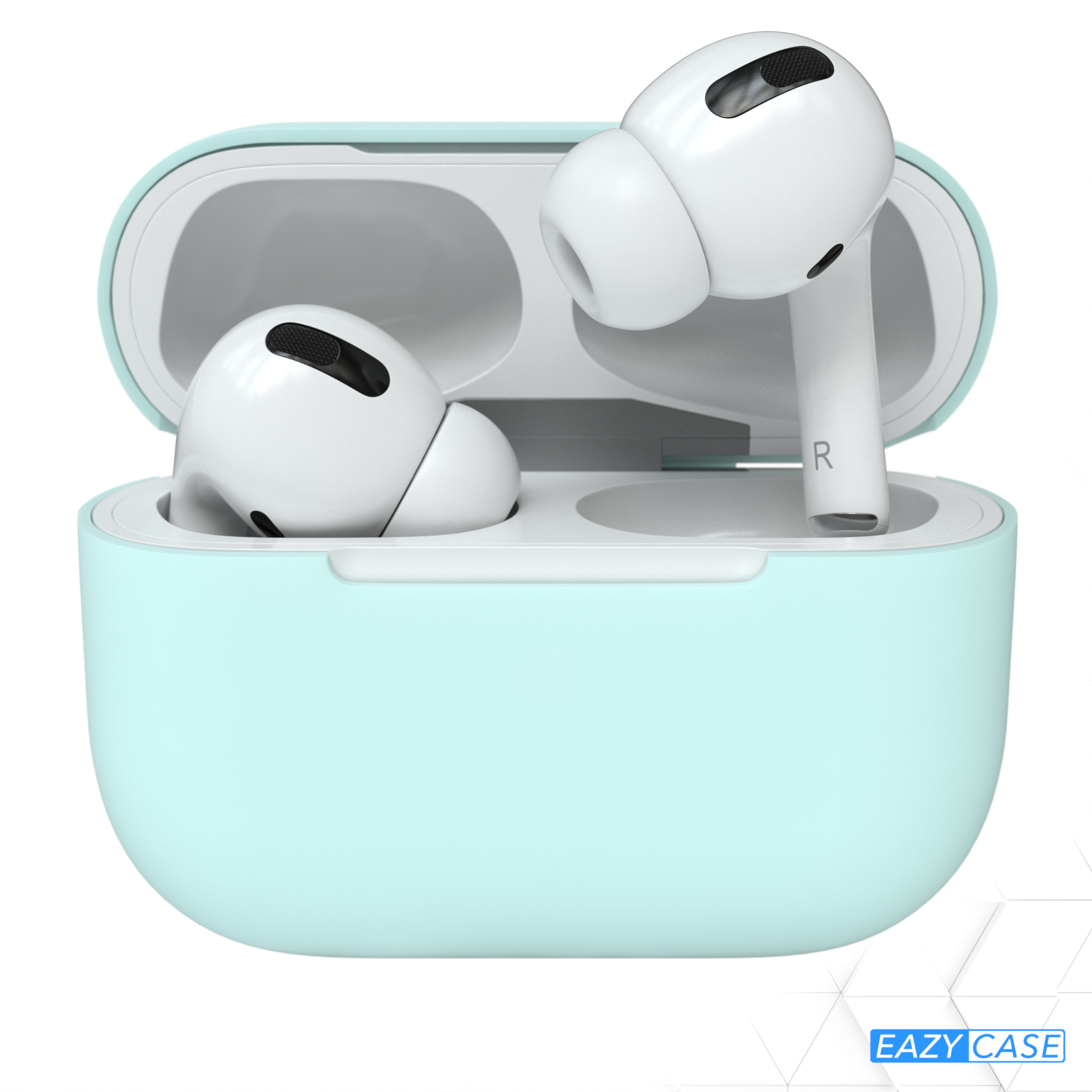 Weiße AirPods Pro in einem hellblauen Gehäuse. Das Gehäuse ist offen, die Ohrhörer sind sichtbar. Weißer Hintergrund.