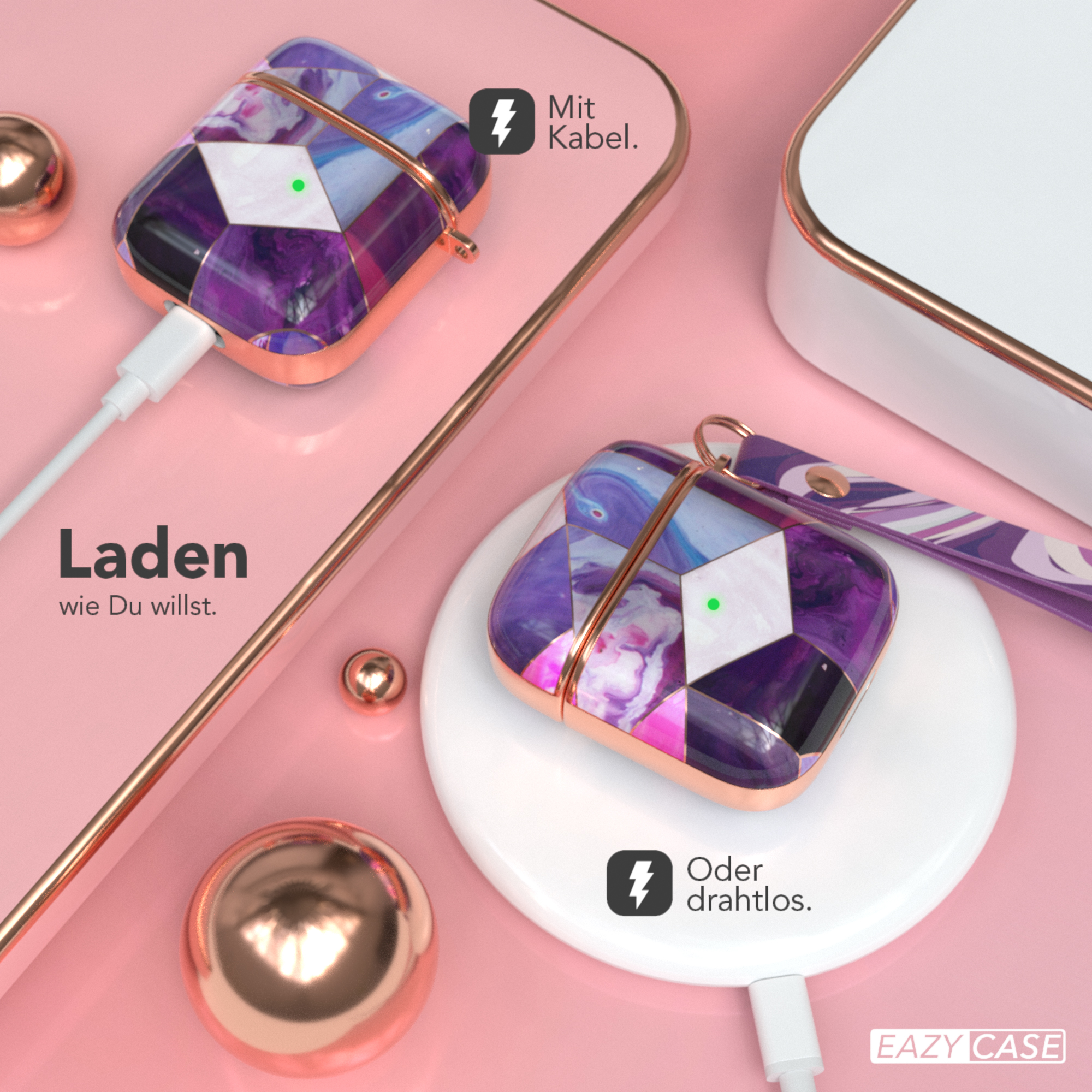AirPods-Hülle mit lila Marmor-Design, an ein Ladegerät angeschlossen. Rosa Hintergrund.