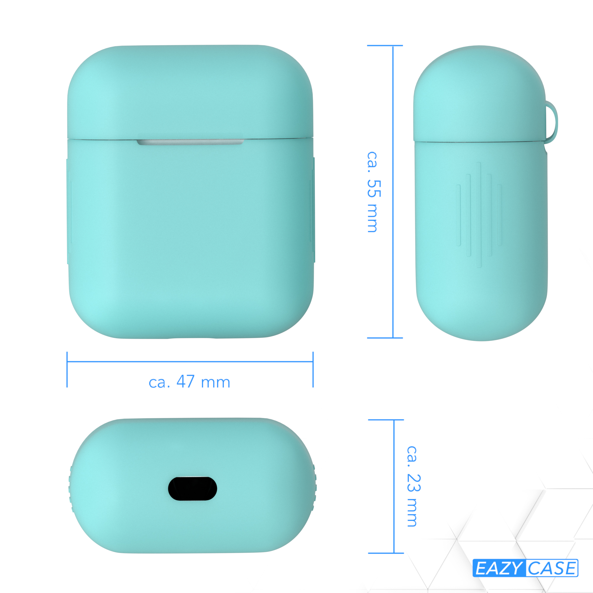 Blaue Kopfhörerhülle. Abmessungen gezeigt. EAZY CASE-Logo.