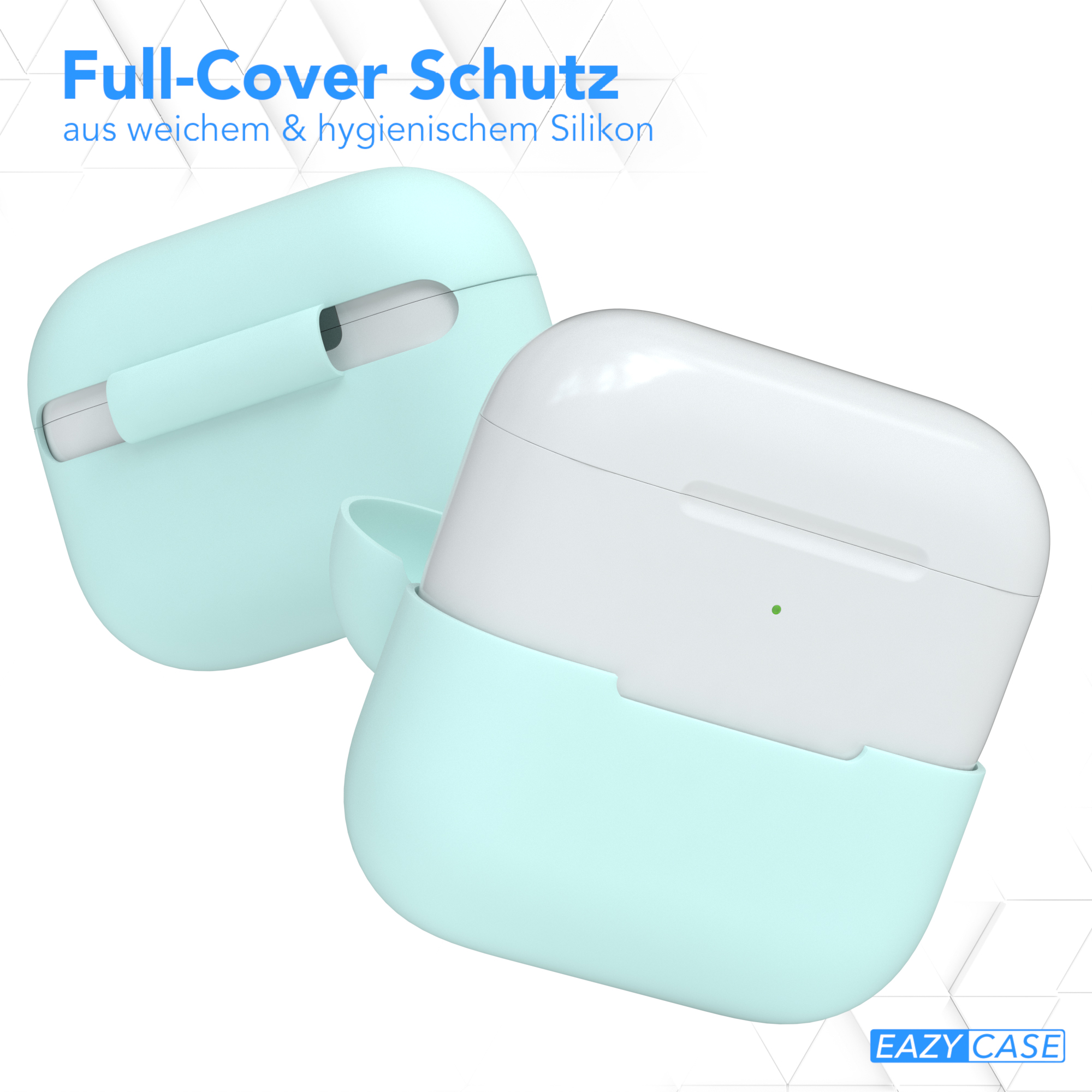 Zwei hellblaue AirPods-Hüllen mit weißen AirPods darin.