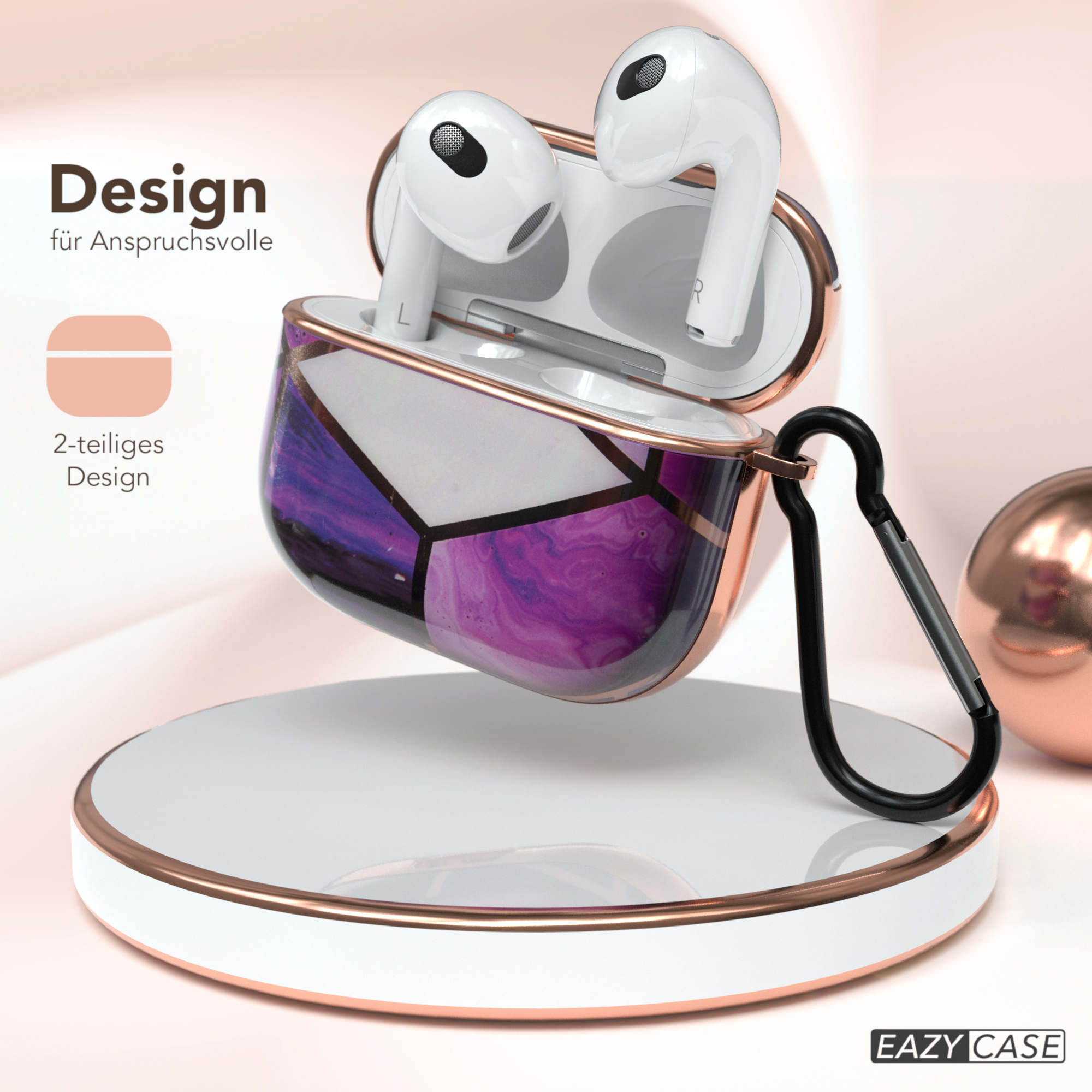 AirPods-Etui mit roségoldfarbenem Rand, weißer Basis und schwarzem Clip. AirPods innen.