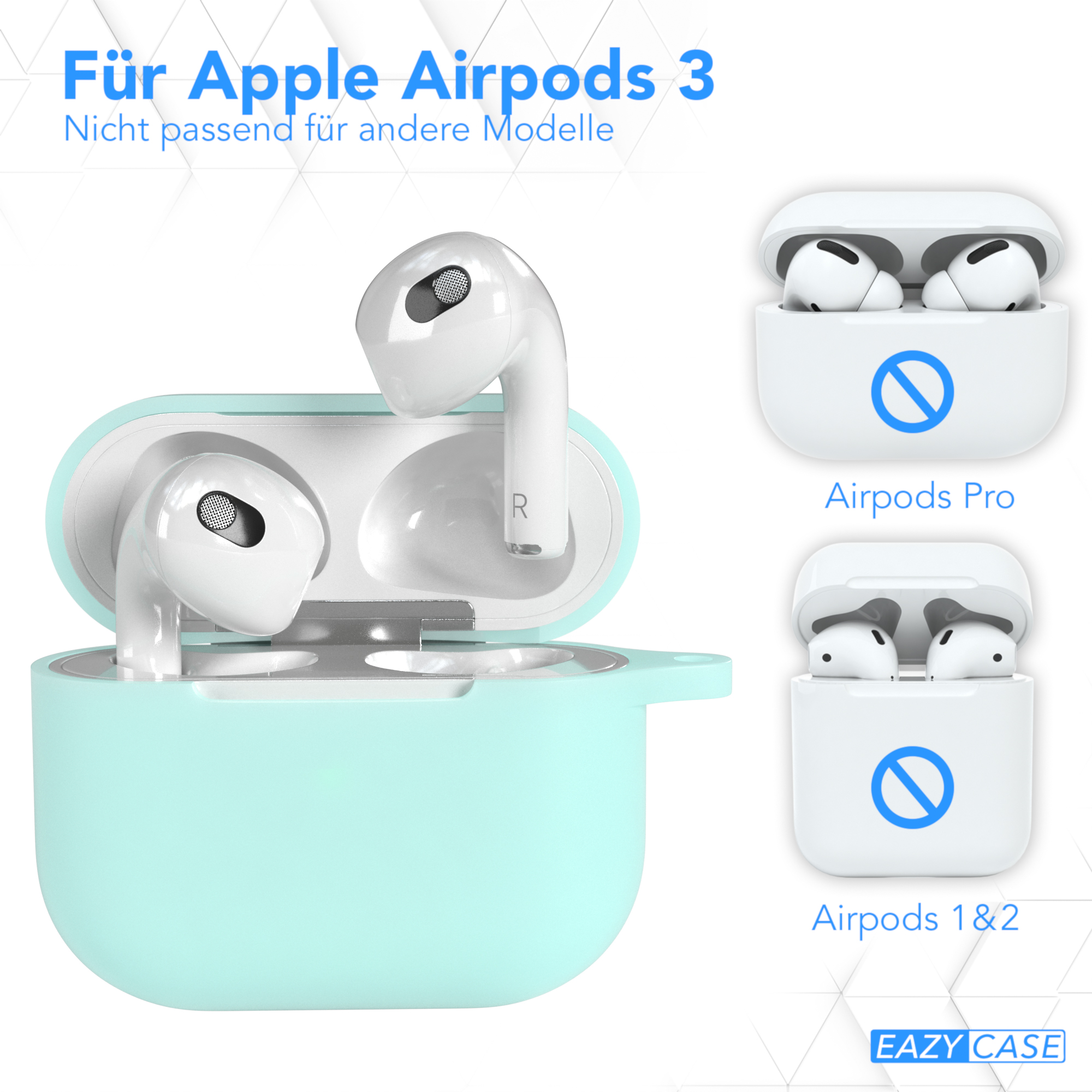 Bild zeigt AirPods 3 und zwei verschiedene Hüllen für Airpods Pro und Airpods 1 & 2.