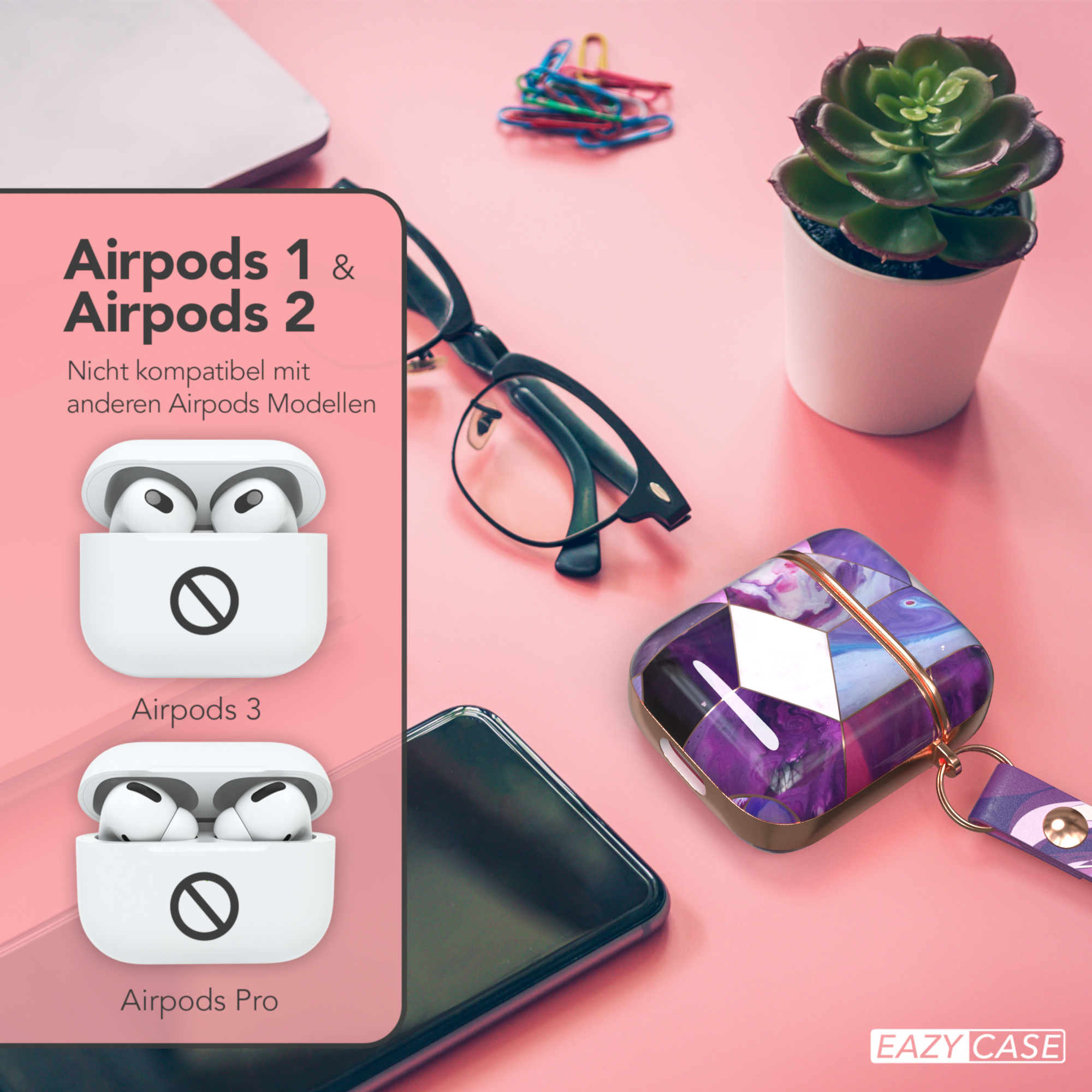 AirPods 1 & 2, AirPods 3 und AirPods Pro Hüllen. Eine Hülle und Zubehör sind sichtbar.