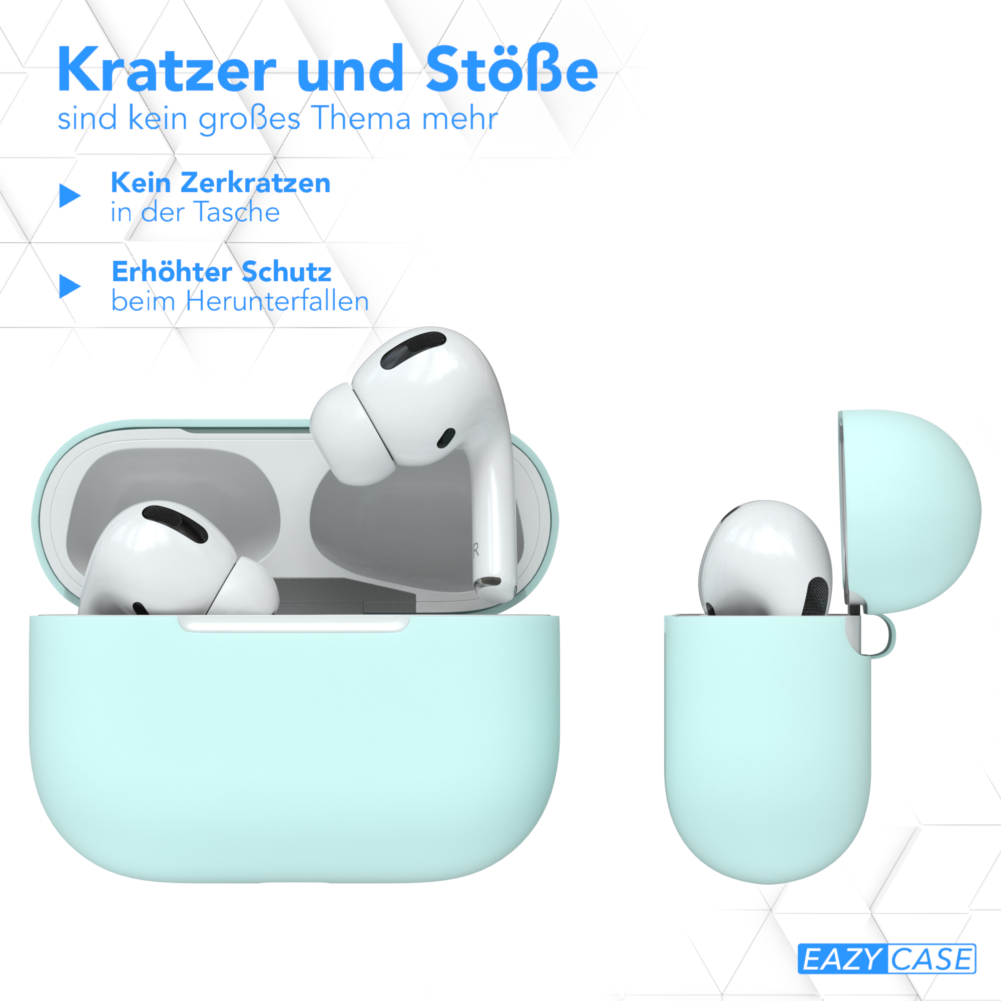 Zwei offene AirPods-Hüllen in Hellblau, mit AirPods darin. Text weist auf Kratz- und Fallschutz hin.