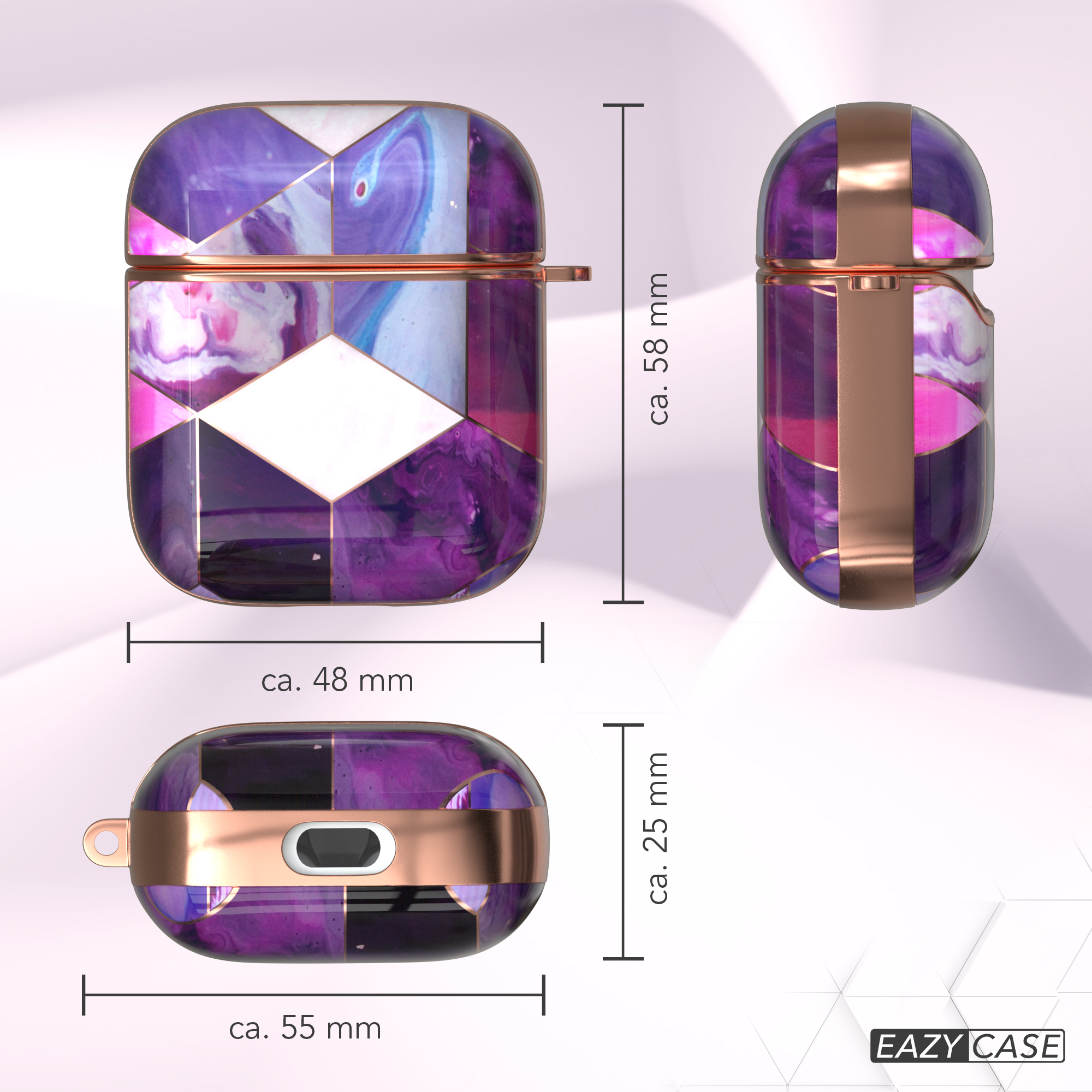 AirPods-Hülle mit geometrischem Muster aus Lila und Weiß, kupferfarbenen Akzenten und Abmessungen.