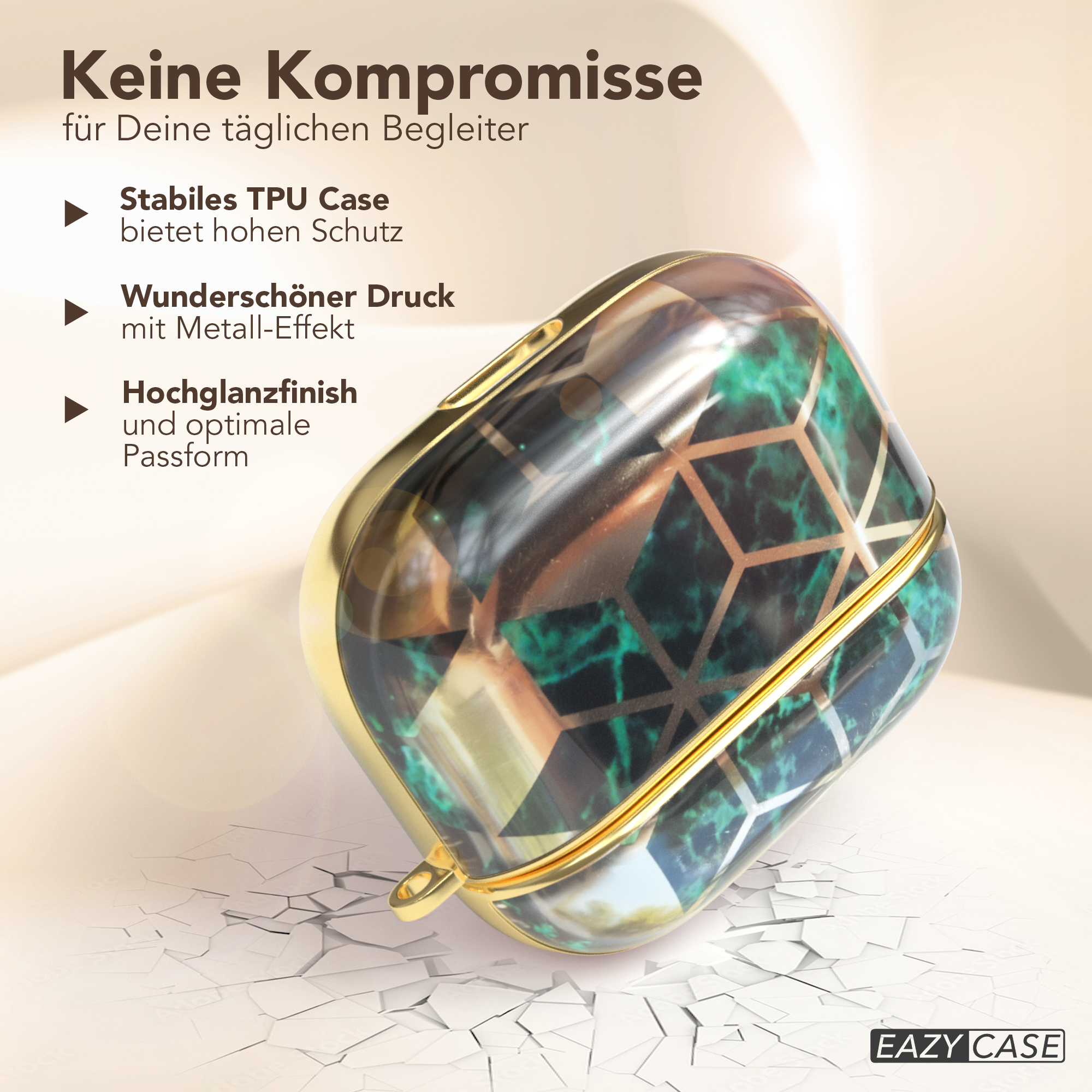 Kopfhörer-Etui mit goldenem Rahmen. Es hat ein grünes geometrisches Design und liegt auf einer Oberfläche.