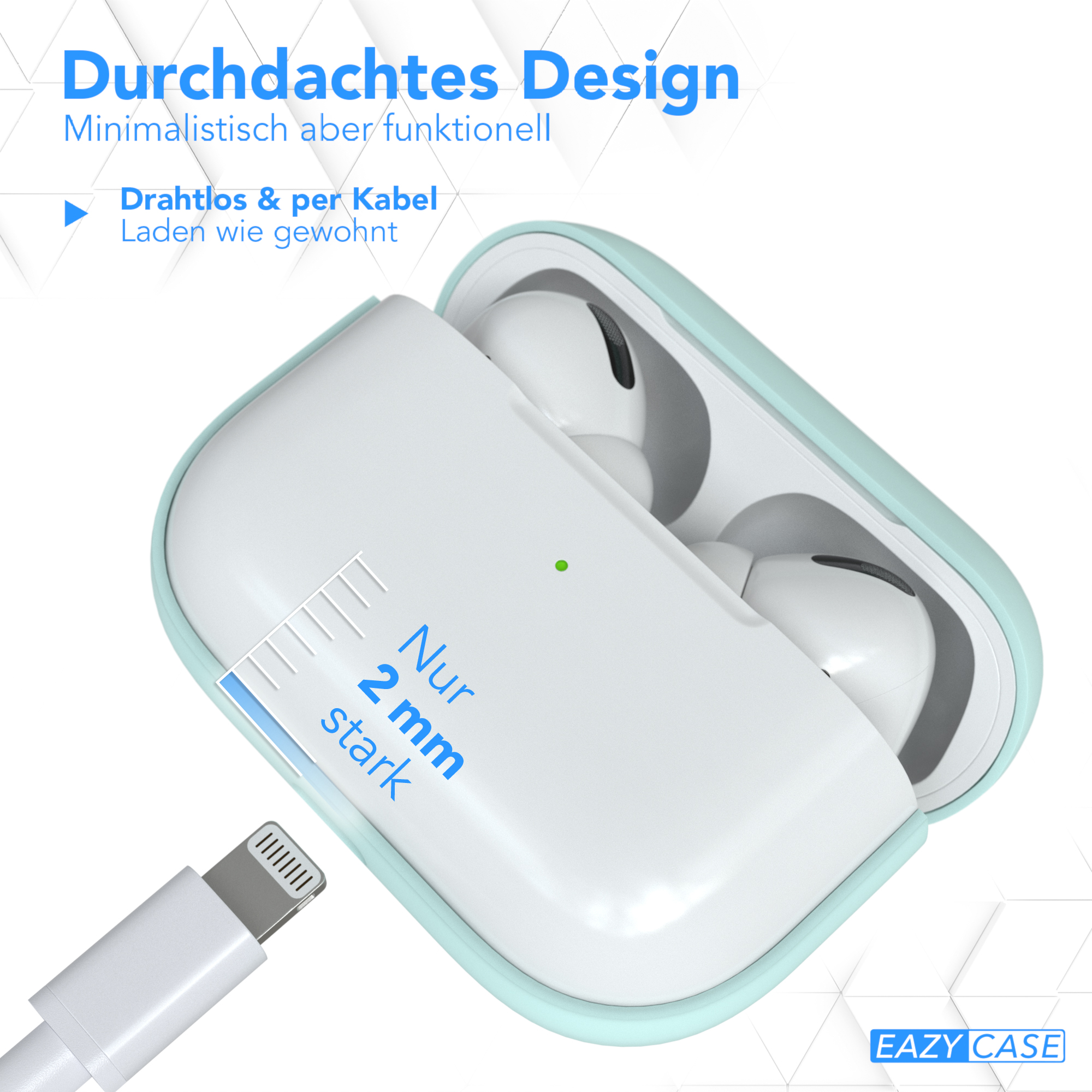 Ein weißes AirPods-Case mit AirPods, einem Ladekabel und dem Text: Nur 2 mm stark.