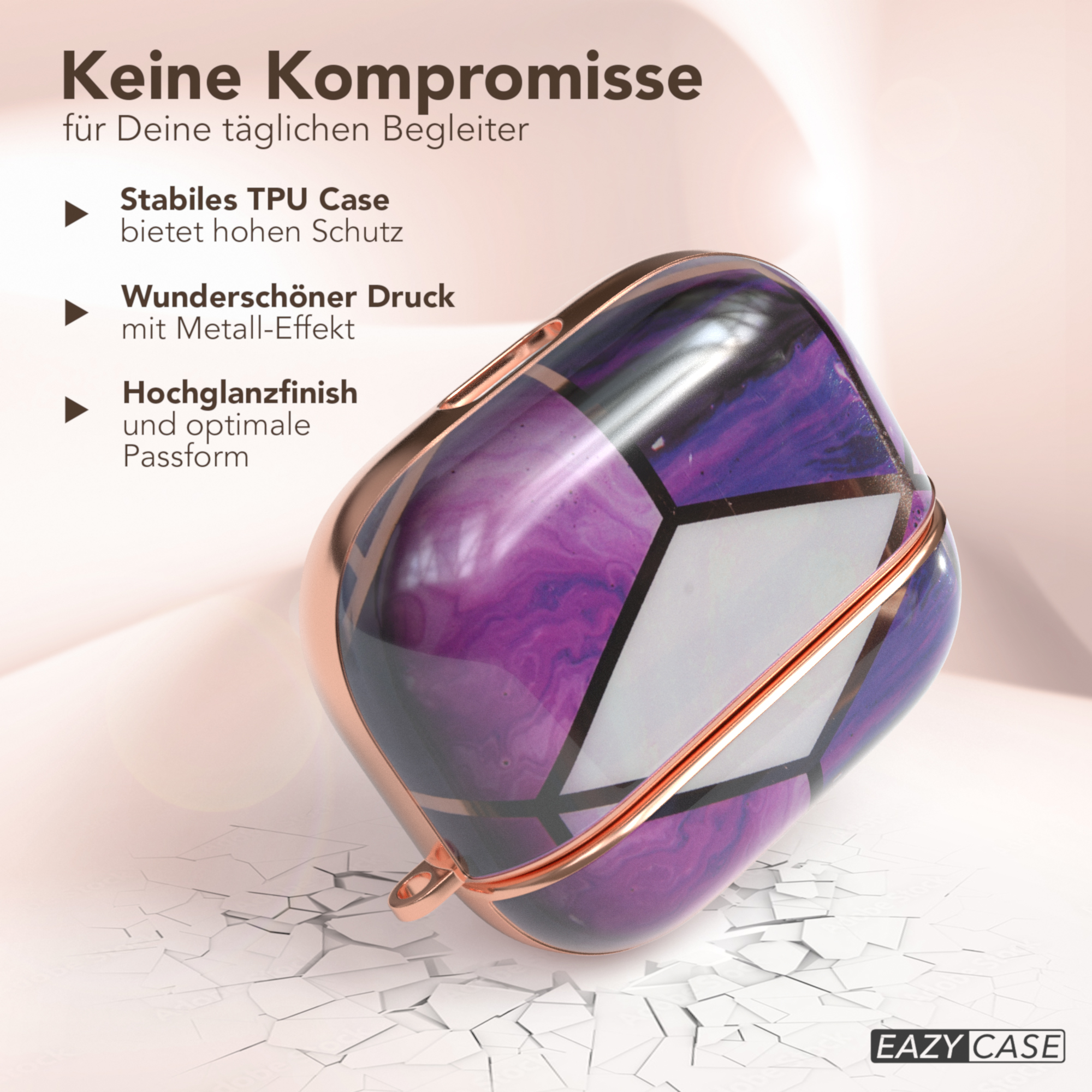 AirPod-Hülle mit lila und geometrischem Design. Die Hülle befindet sich auf einer rissigen Oberfläche.