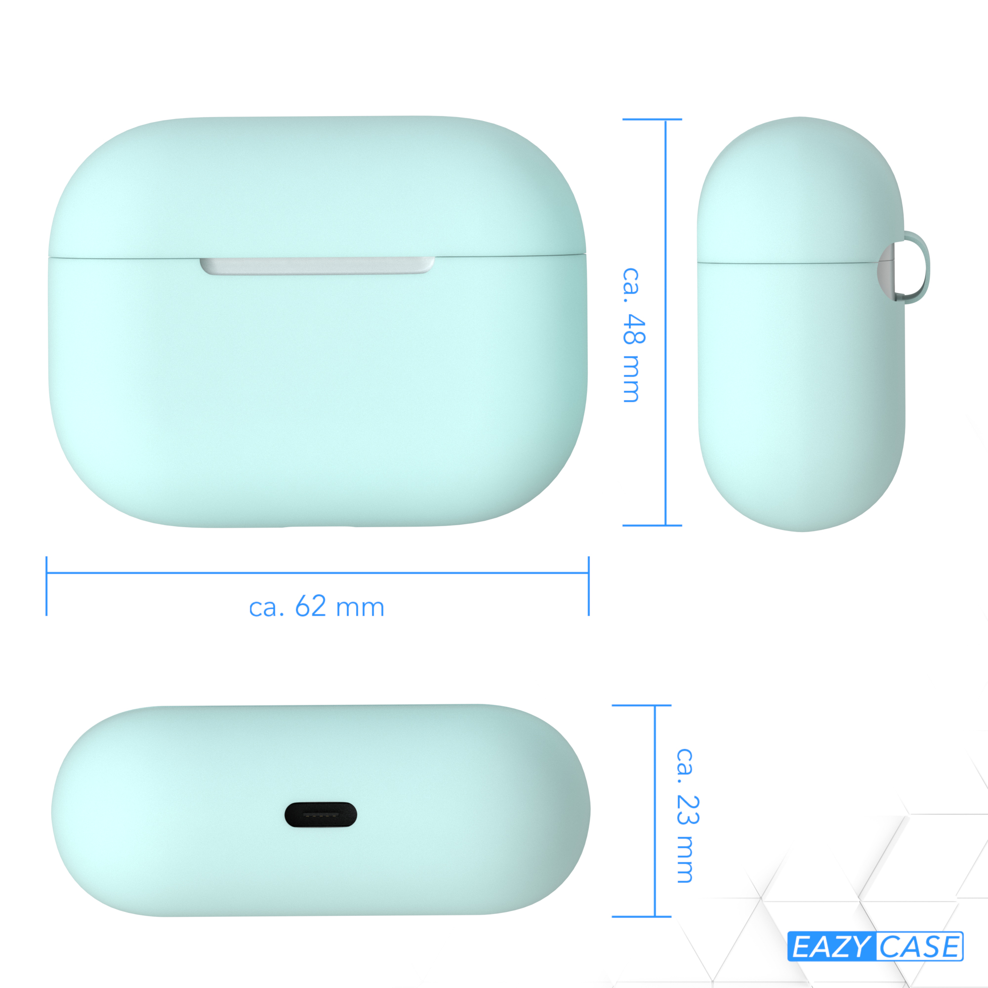 Hellblaues Kopfhörer-Etui in drei Ansichten, mit Maßen: 62 mm, 48 mm und 23 mm.