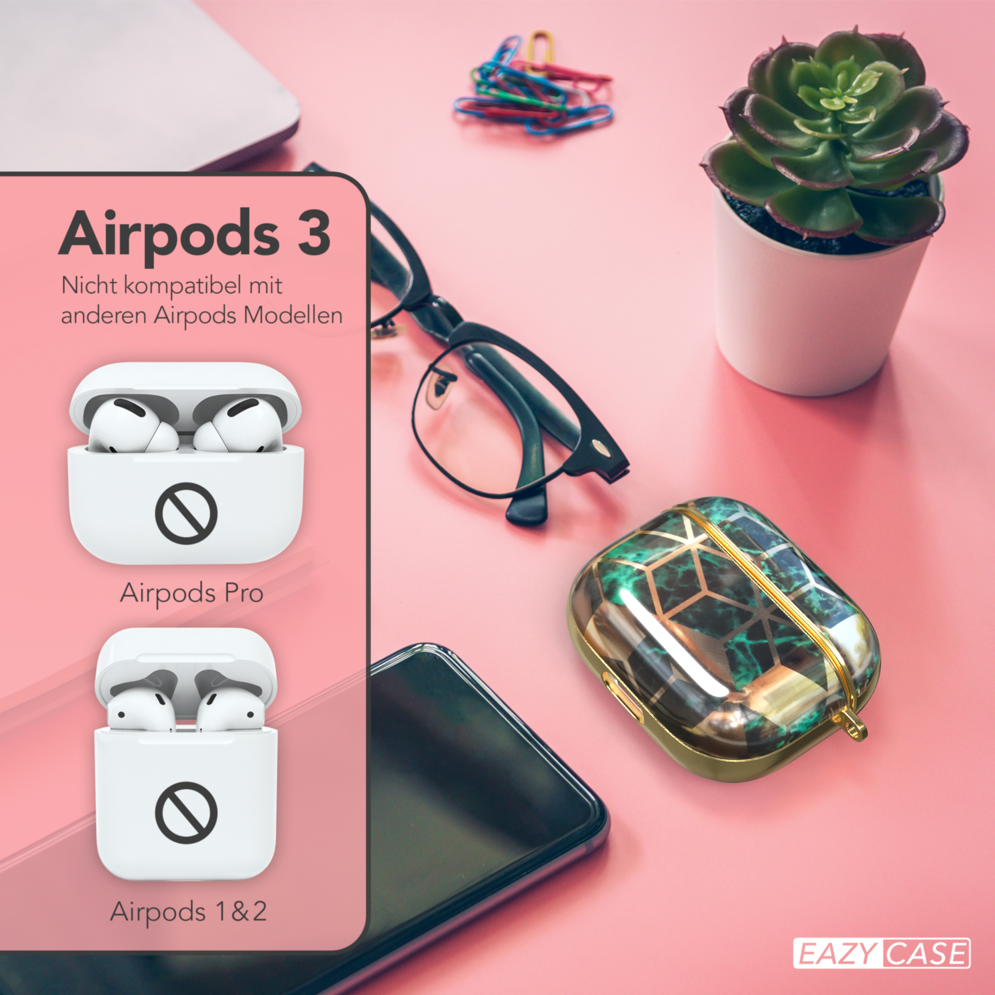 Bild zeigt AirPods 3 mit Hülle, Brille, Sukkulente und Hülle. Rosa Hintergrund.