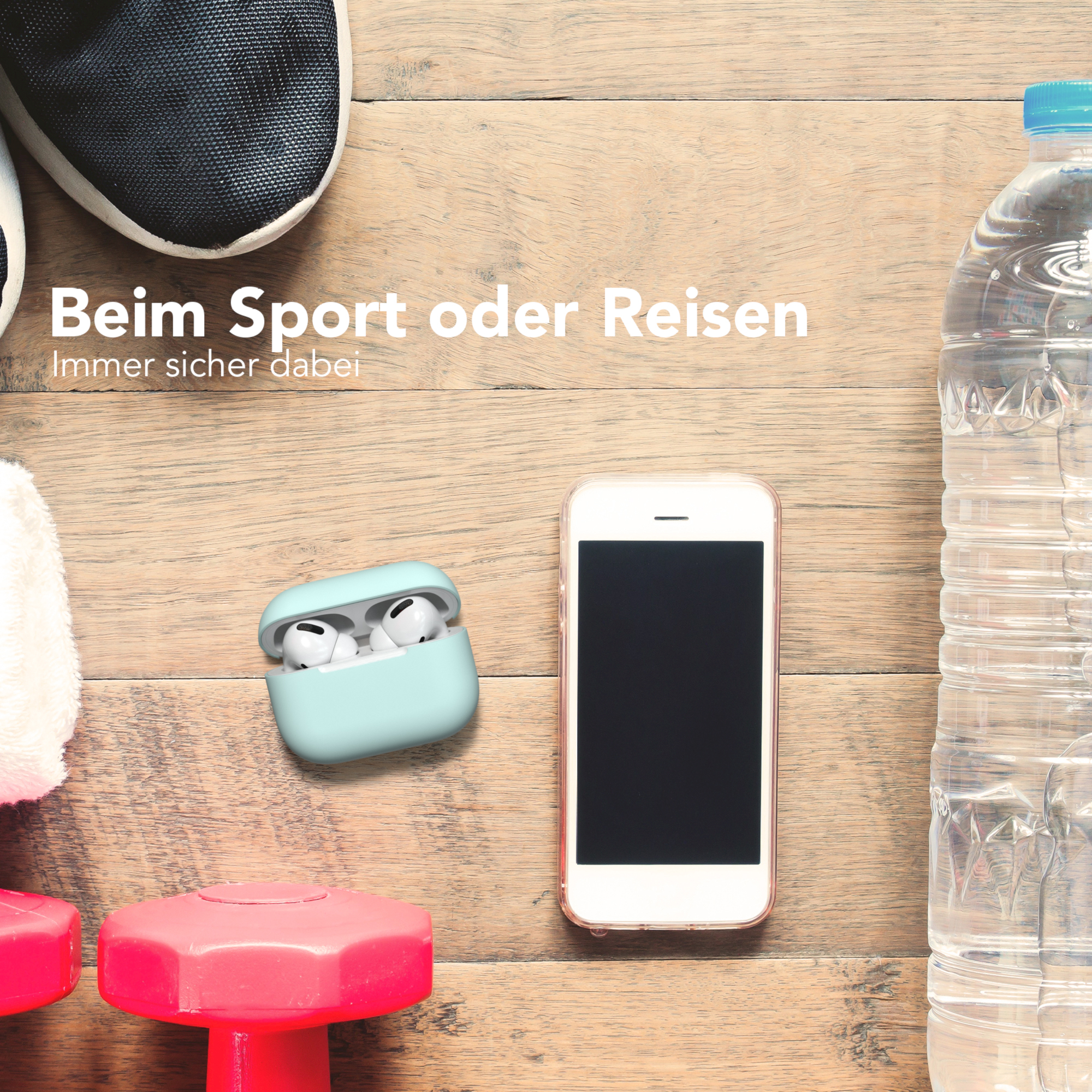Telefon, Ohrhörer und Wasserflasche auf Holzoberfläche. Text auf Deutsch.