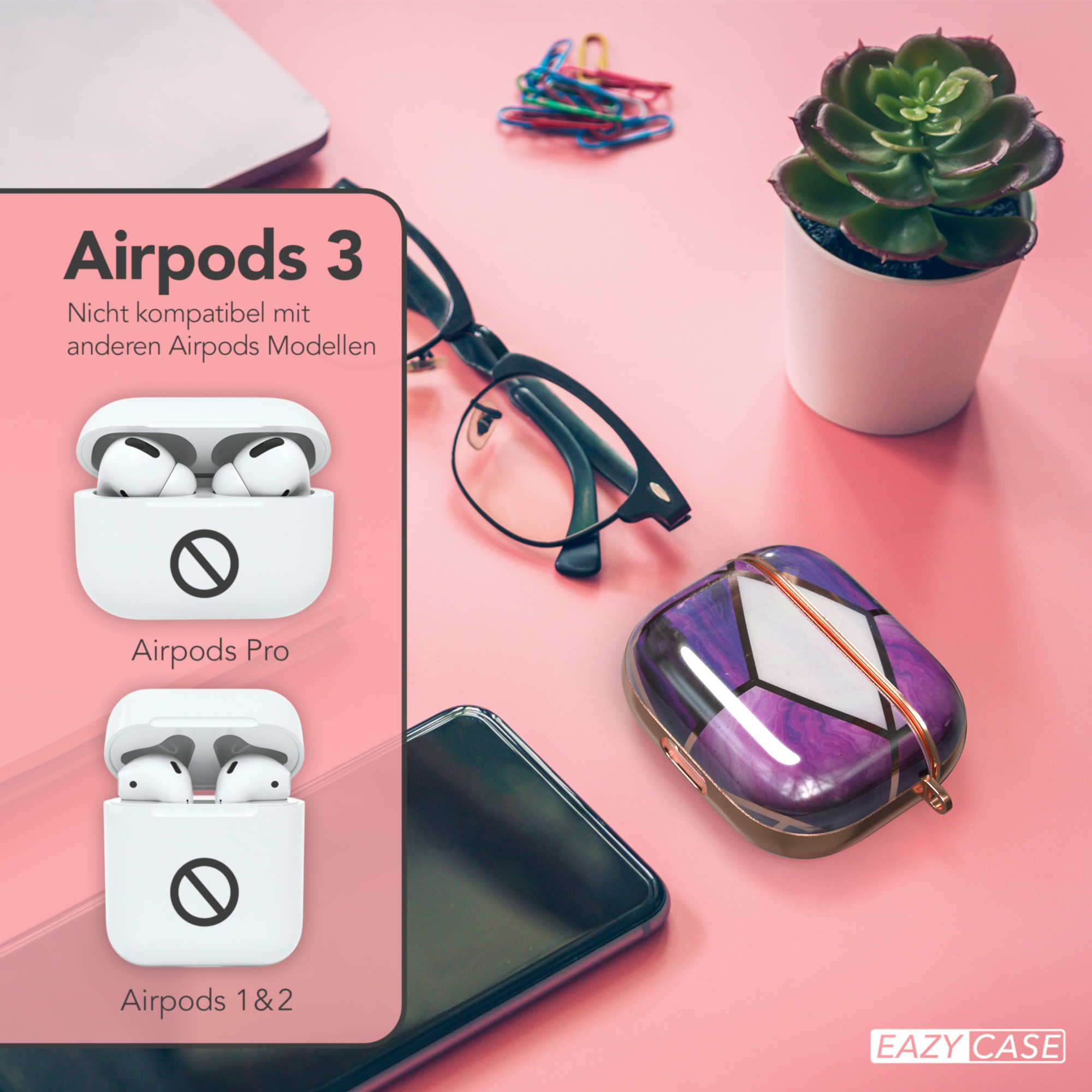 Kopfhörer in einem Etui, mit AirPods- und AirPods Pro-Vergleichen und anderen Objekten.
