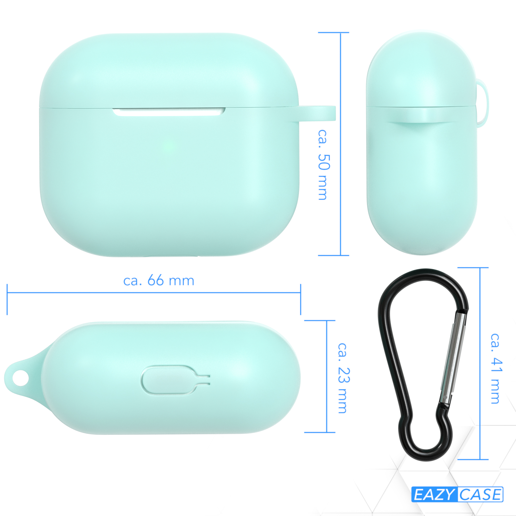 Vier Ansichten eines hellblauen AirPods-Etuis, mit Maßangaben, und einem schwarzen Karabiner auf Weiß.